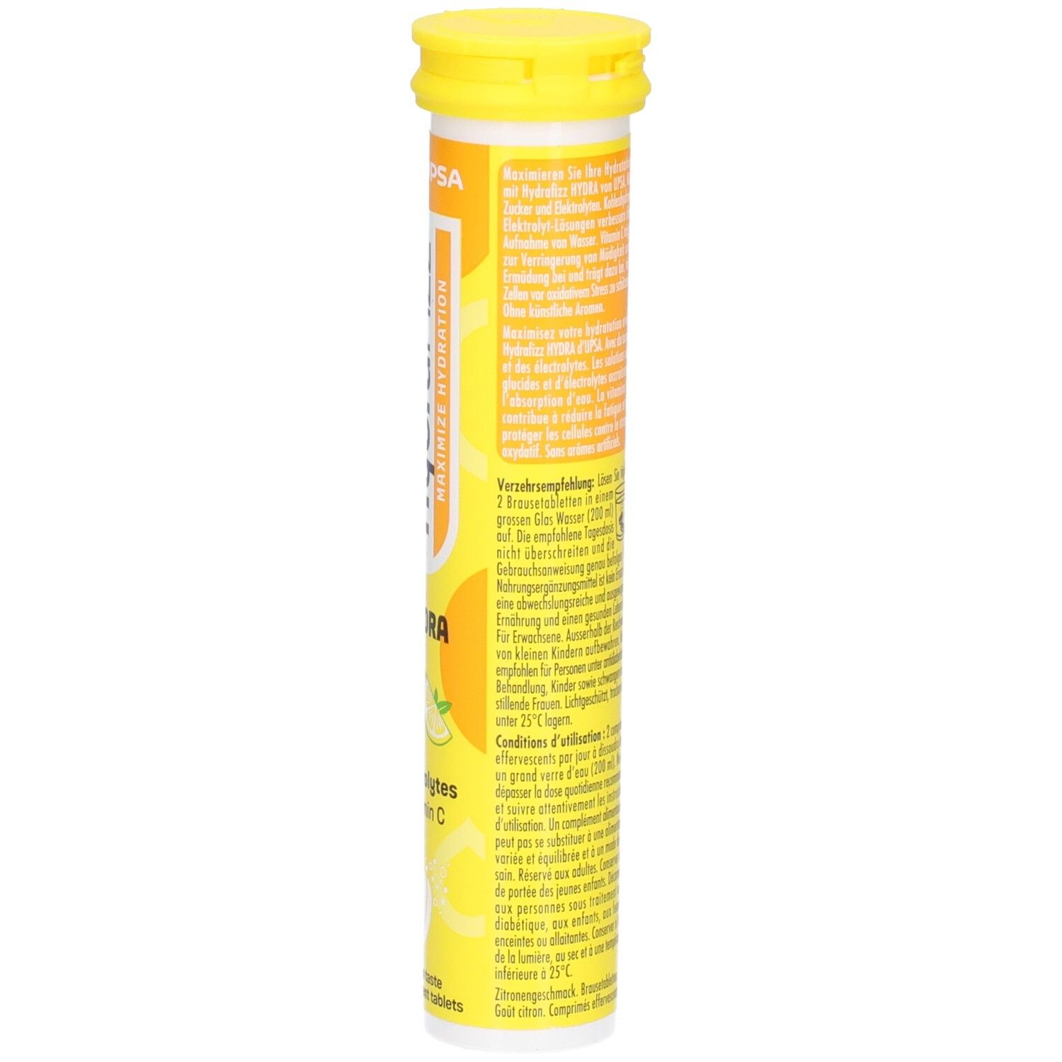 Seitenansicht der HydraFizz Brausetabletten-Verpackung mit Anwendungshinweisen.
