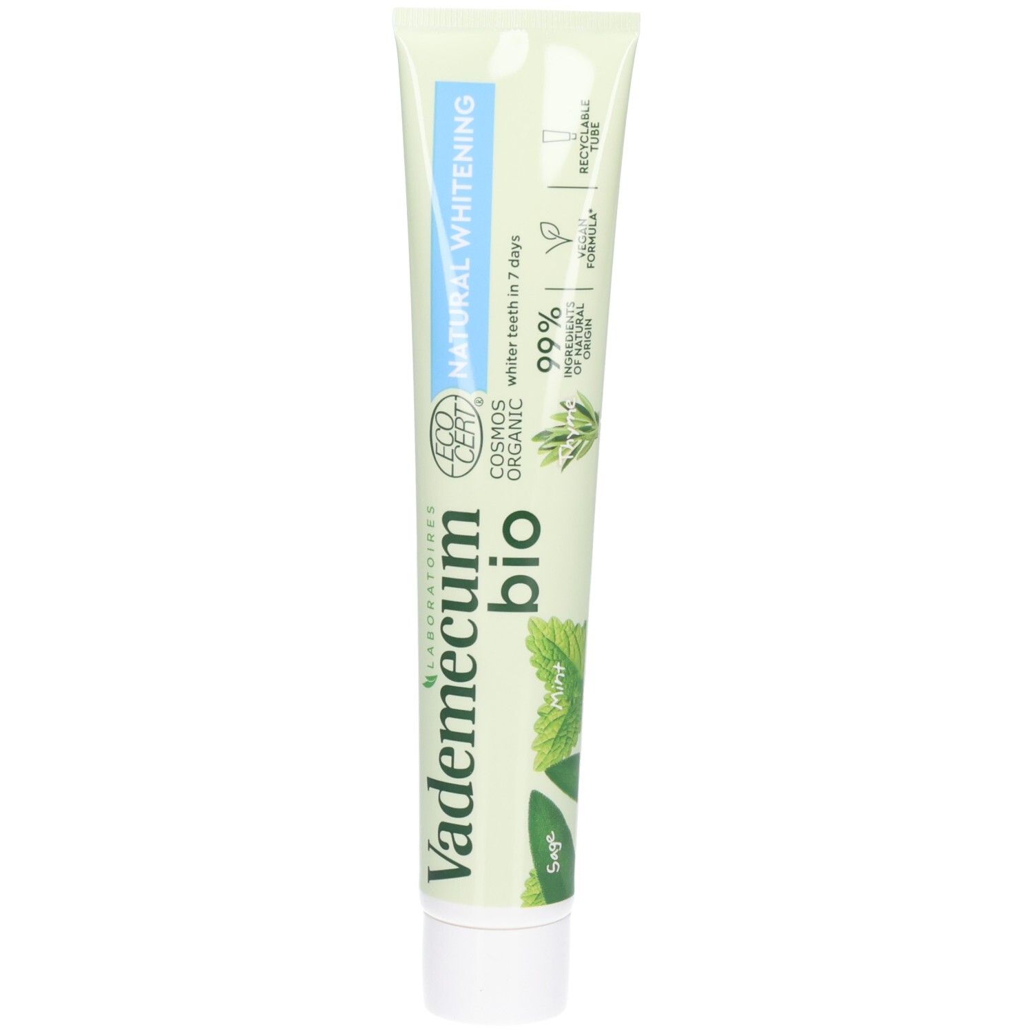 Vademecum Bio Zahnpasta-Tube mit natürlicher Aufhellung, COSMOS ORGANIC zertifiziert.