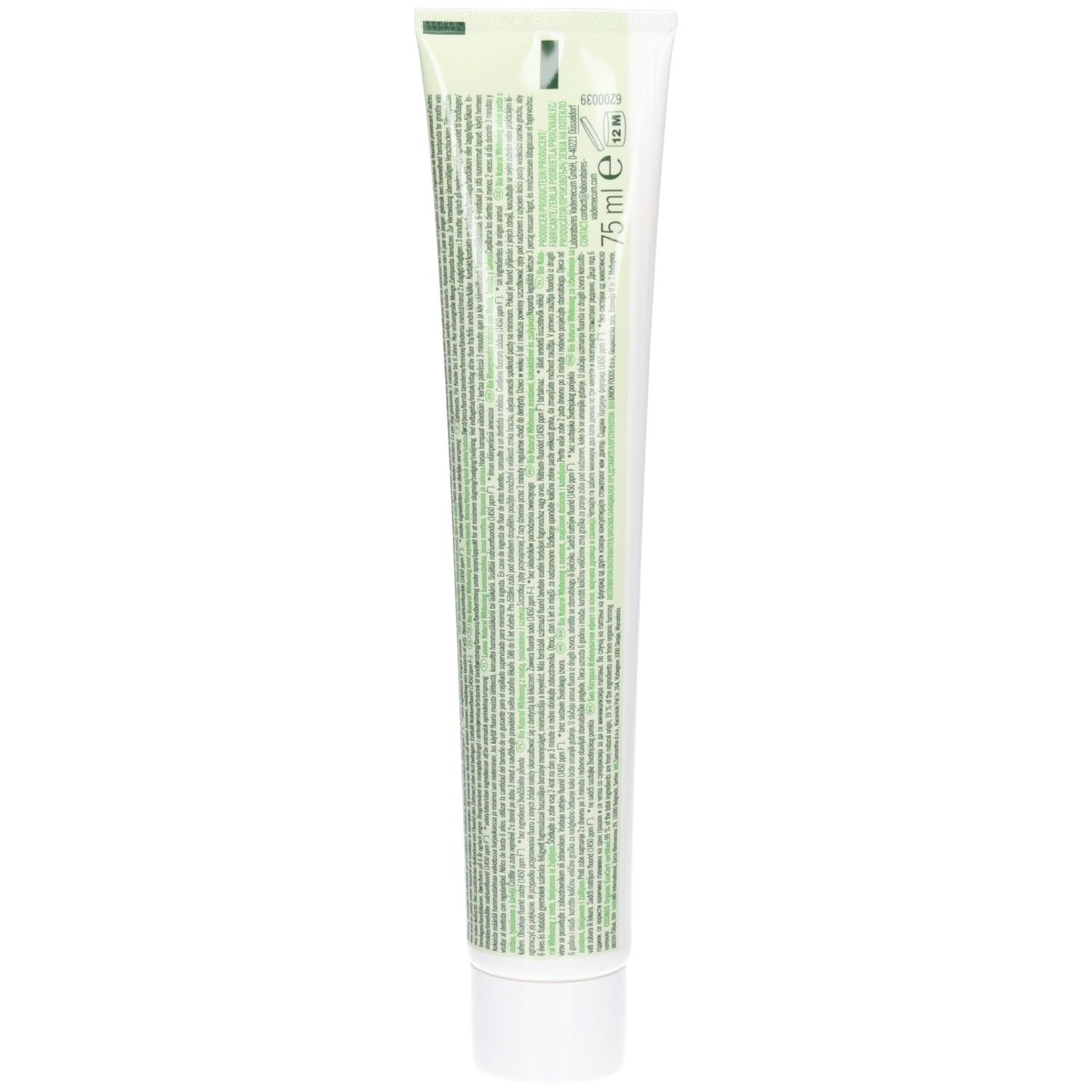 Rückseite einer Vademecum Bio Zahnpasta-Tube mit Inhaltsstoffen und Anwendungshinweisen.
