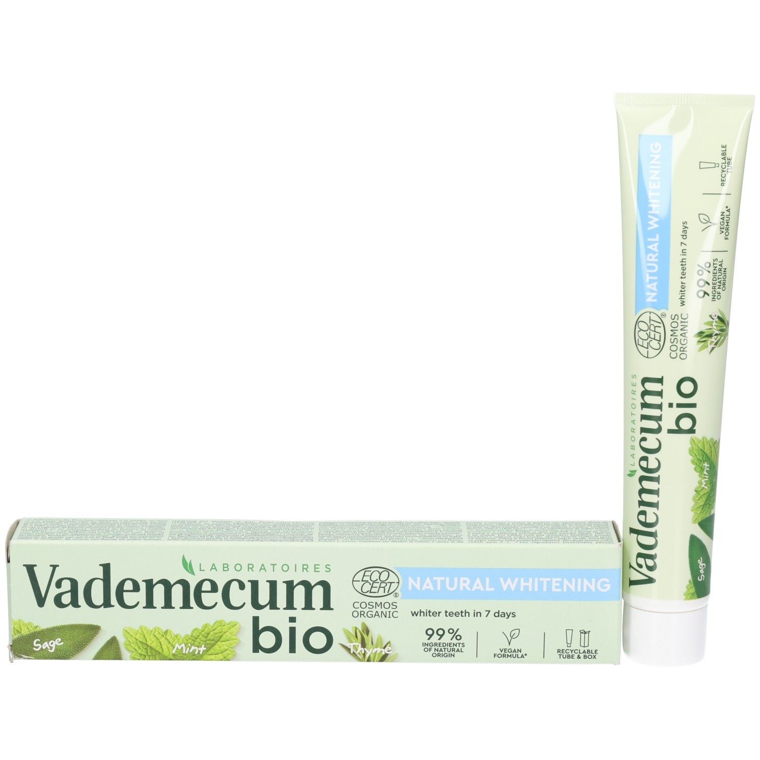 Vademecum Bio Zahnpasta-Tube und Faltschachtel, beide mit natürlicher Aufhellung.