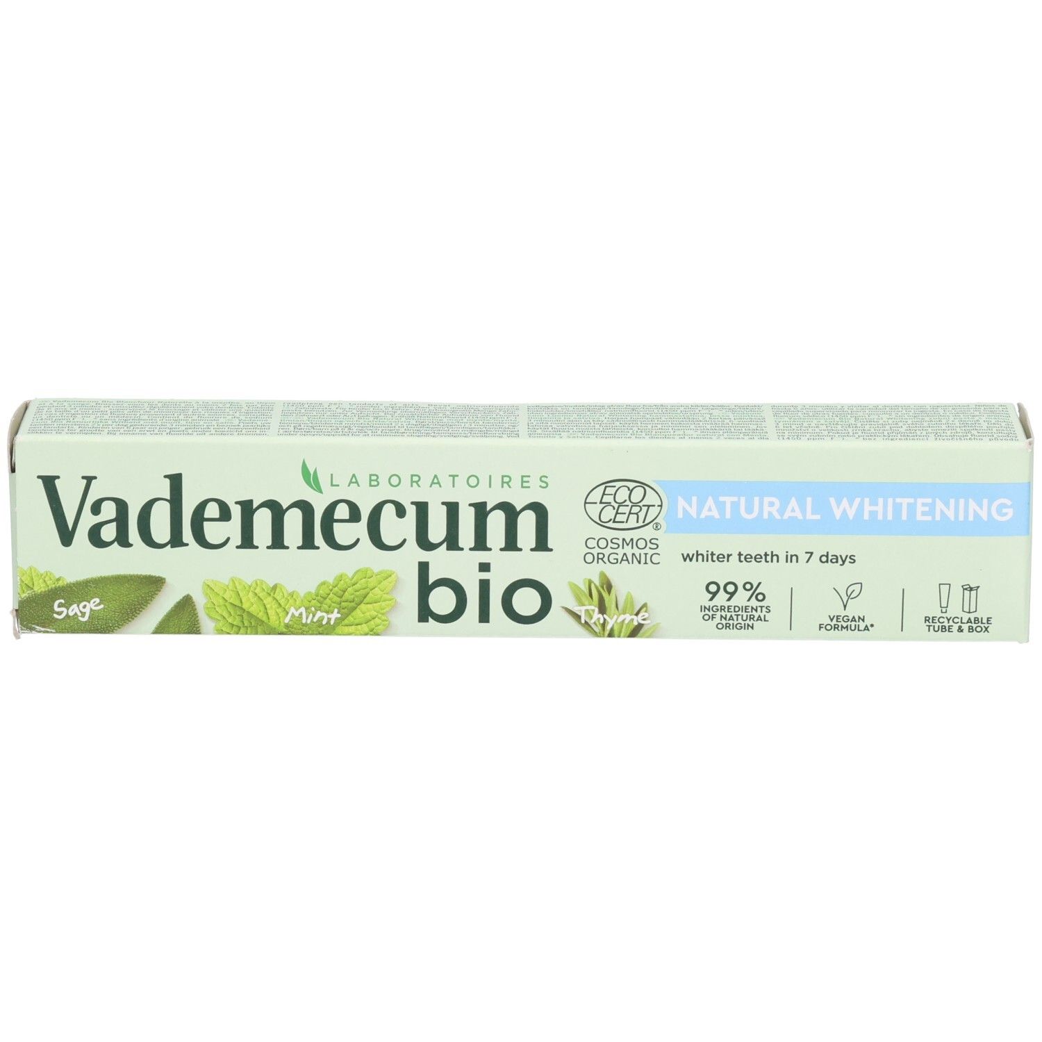 Vademecum Bio Zahnpasta-Faltschachtel, Vorderseite mit natürlicher Aufhellung.