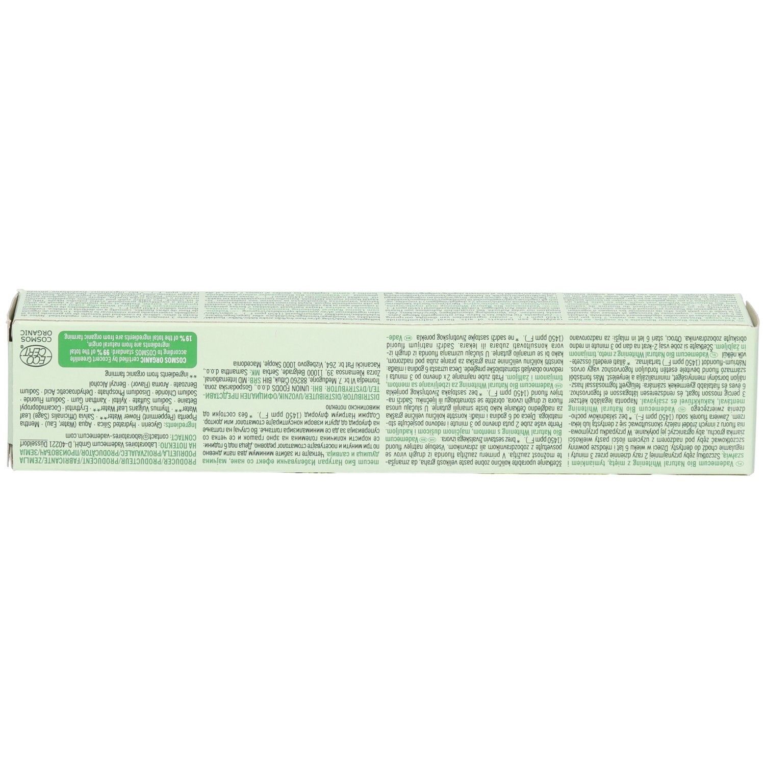 Oberseite einer Vademecum Bio Zahnpasta-Faltschachtel mit detaillierten Produktinformationen.