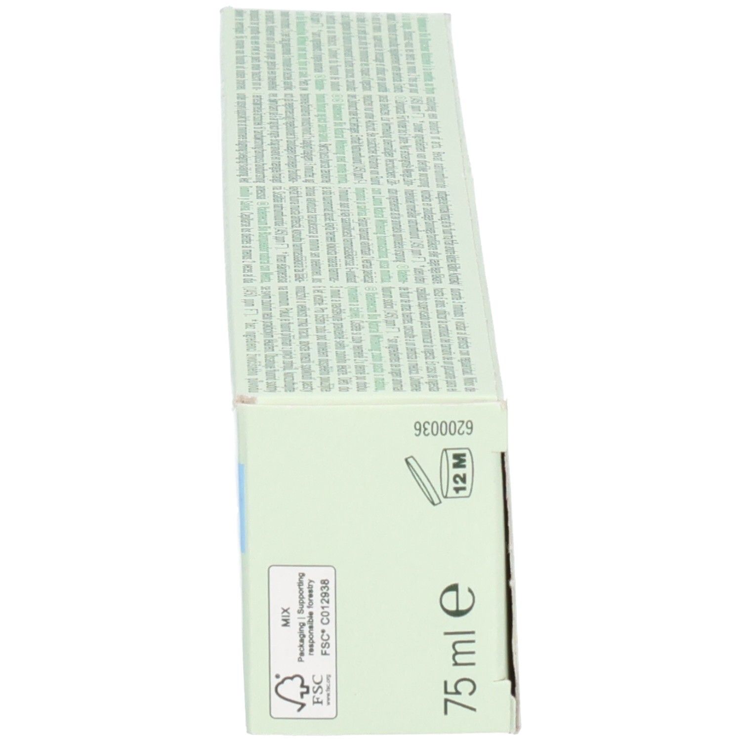 Vademecum Bio Zahnpasta-Faltschachtel, Seite mit 75 ml Angabe und Recycling-Symbolen.