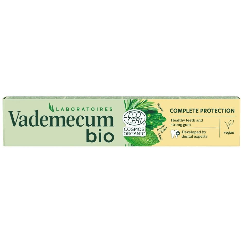 Vademecum Bio Complete Protection Zahnpasta-Karton mit Kräutern und Siegeln.