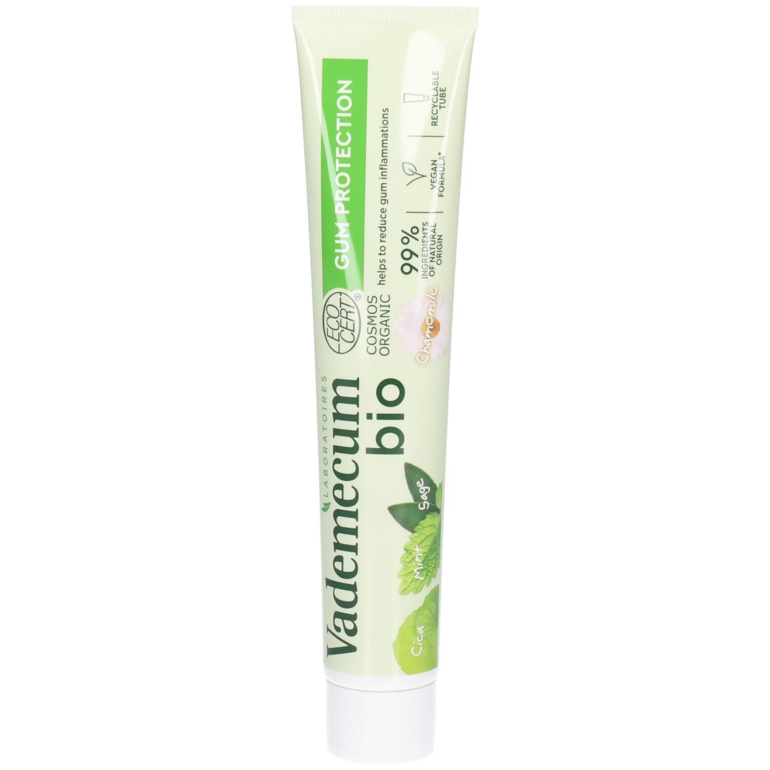 Vademecum Bio Zahnpasta Tube mit Aufdruck, "Gum Protection" und "99% of natural origin".