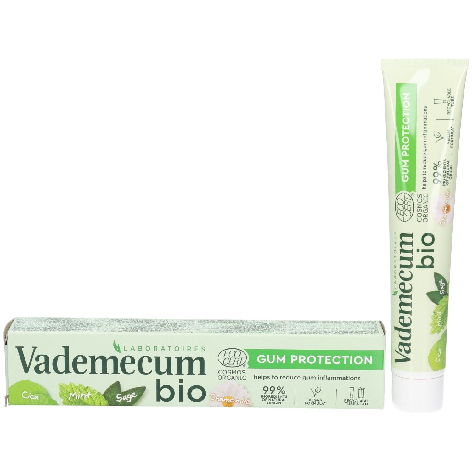 Vademecum Bio Zahnpasta Tube und Faltschachtel nebeneinander. Beide mit "Gum Protection" Aufdruck.