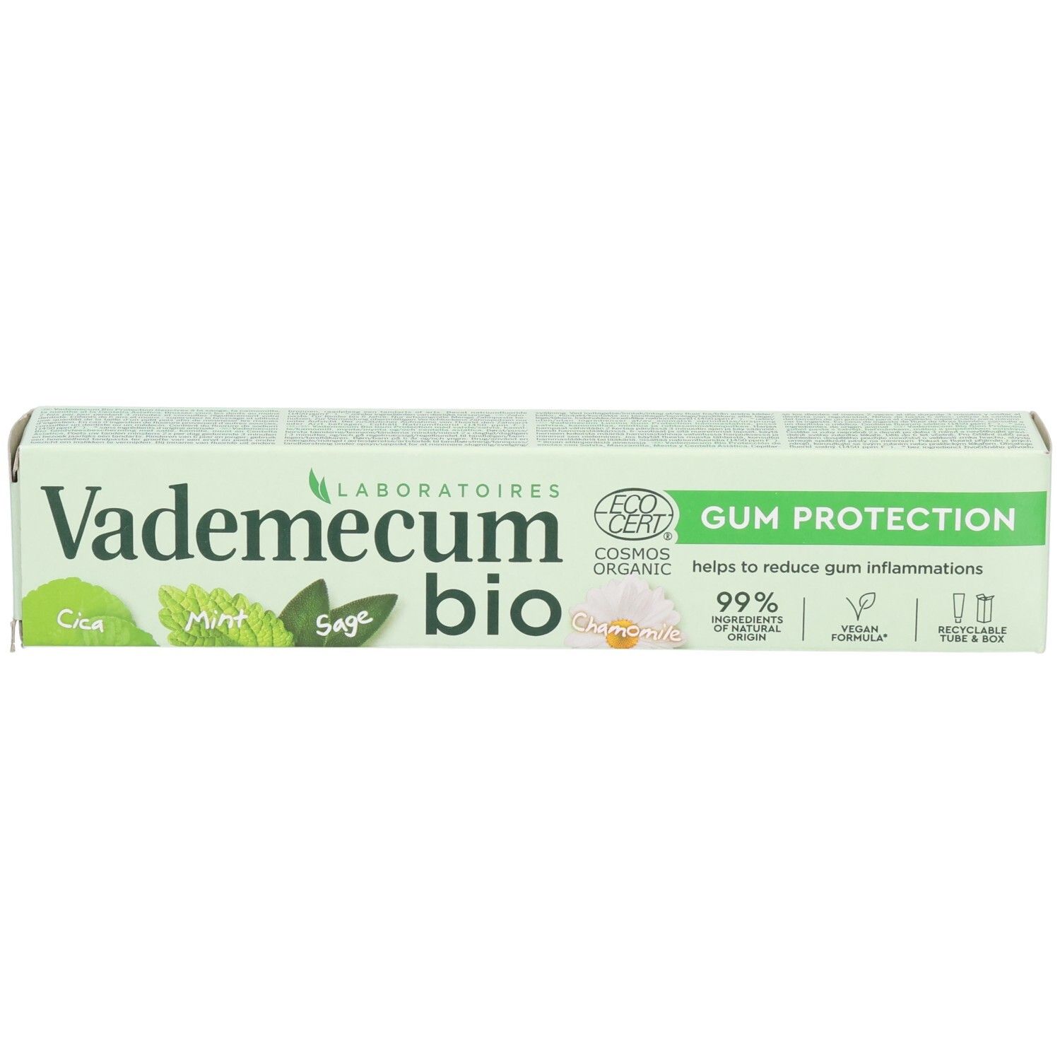 Vademecum Bio Zahnpasta Faltschachtel mit Aufdruck "Gum Protection" und Siegel "COSMOS ORGANIC".