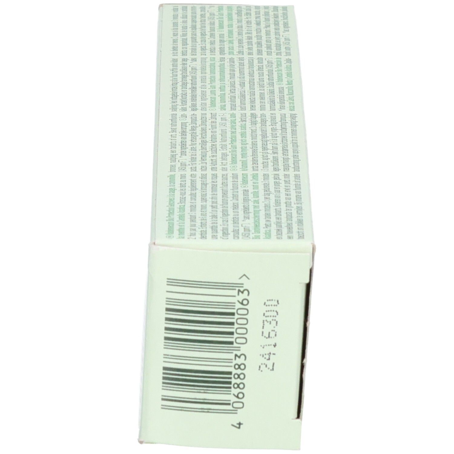 Seitenansicht der Vademecum Bio Zahnpasta Faltschachtel mit Barcode und Produktinformationen.
