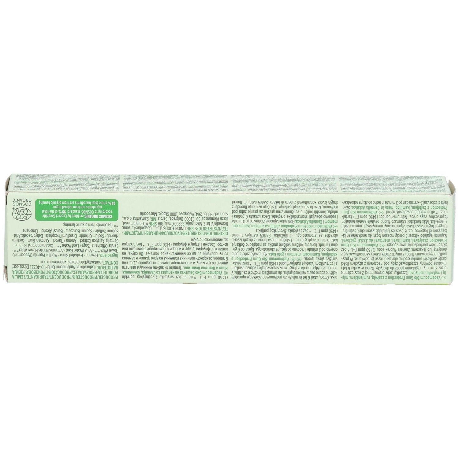 Vorderseite der Vademecum Bio Zahnpasta Faltschachtel mit detaillierten Texten in mehreren Sprachen.