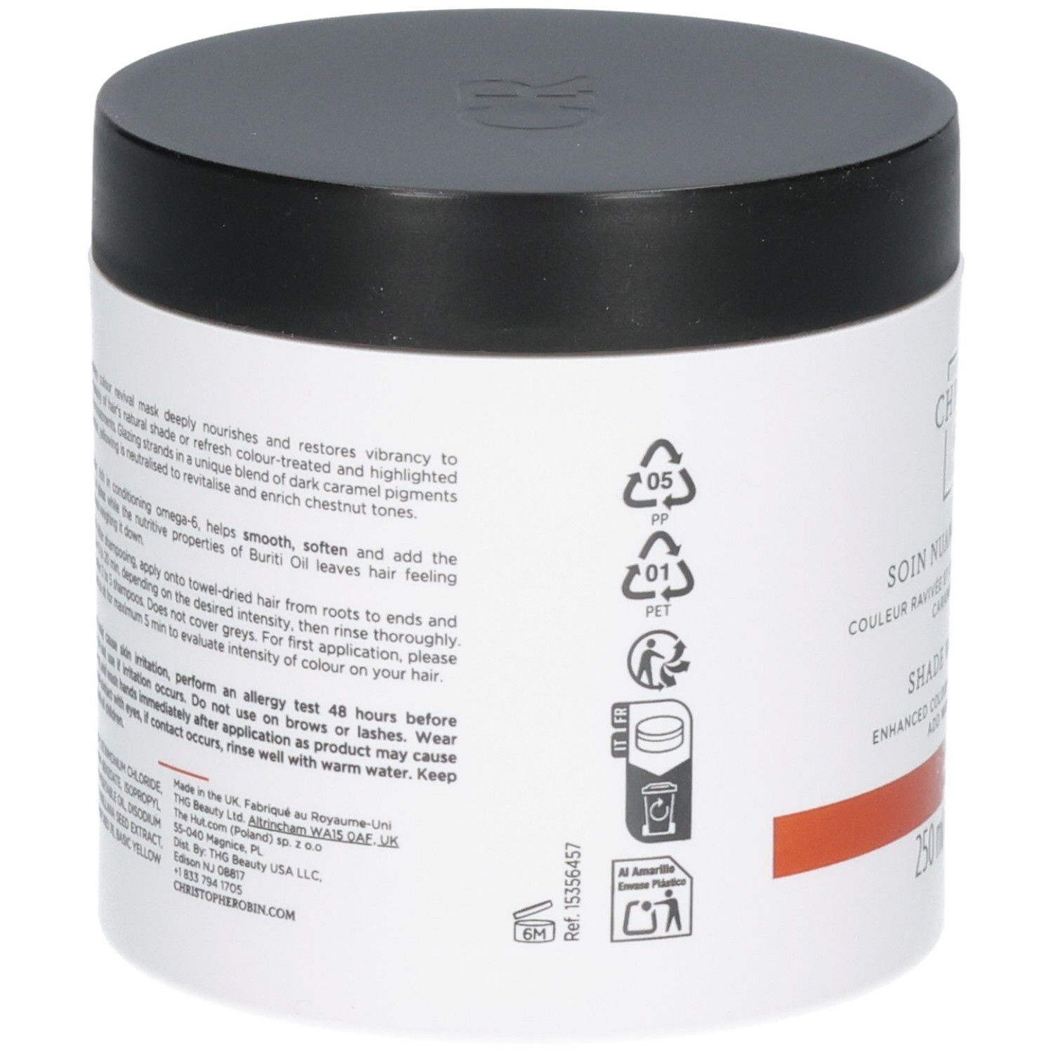 Haarkur mit schwarzem Deckel, weiße Dose mit Produktinformationen und Recycling-Symbolen.