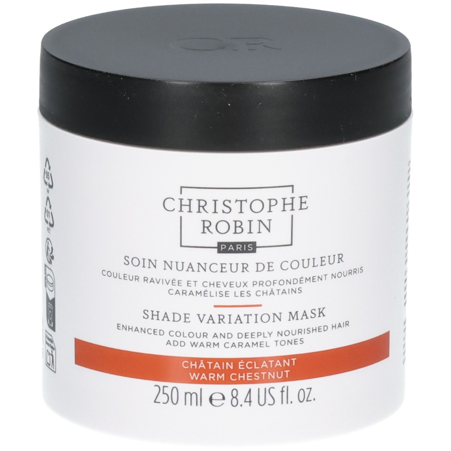 Haarkurdose mit schwarzem Deckel, Etikett mit Produktname 'Shade Variation Mask' und Farbton 'Warm Chestnut'.
