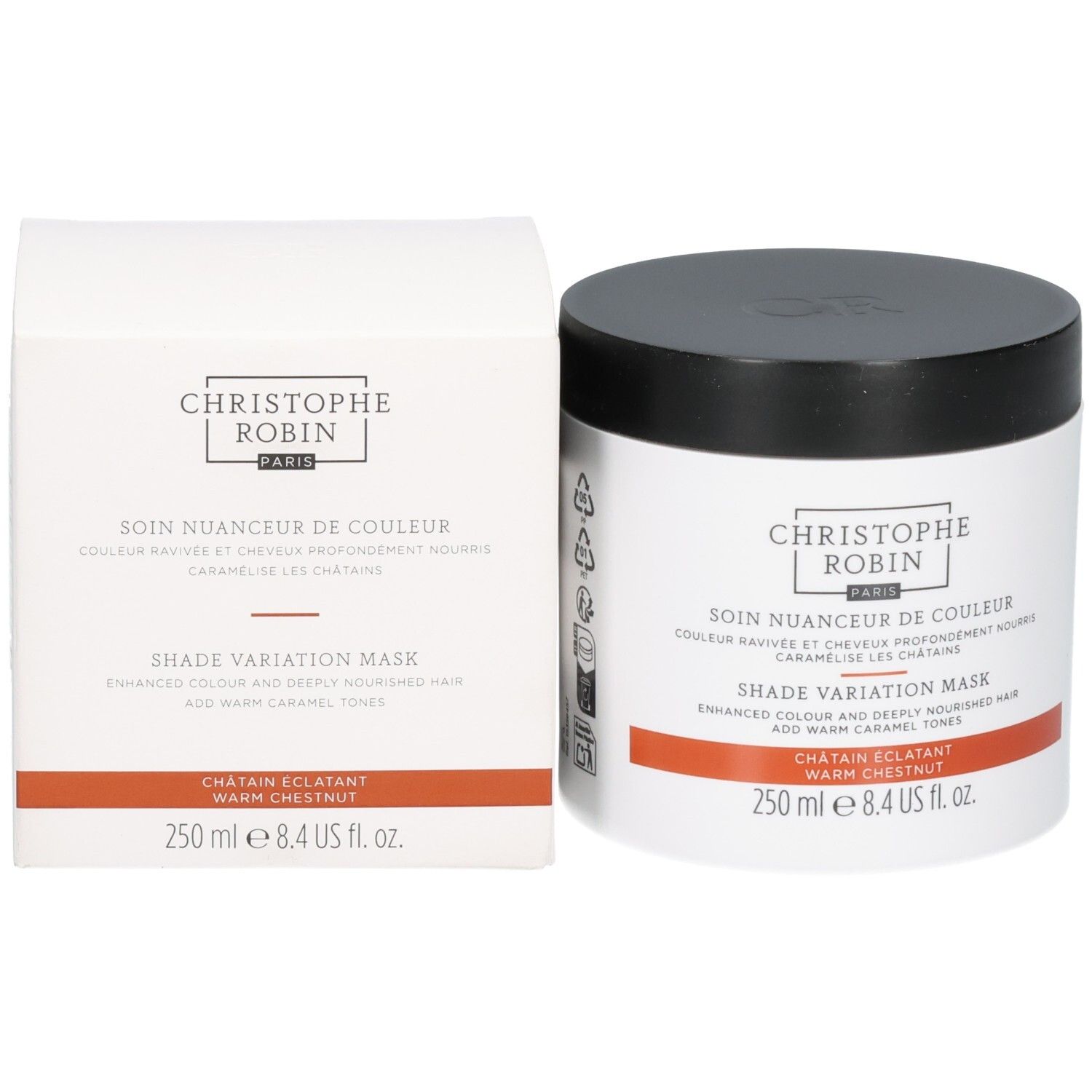 Haarkurdose und Umverpackung nebeneinander, beide mit Produktinformationen und Farbton 'Warm Chestnut'.