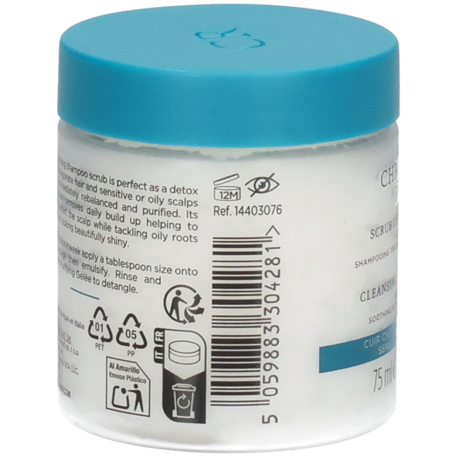 Christophe Robin Reinigend Zuiverend Scrub met zeezout, zijkant met ingrediënten en barcode.