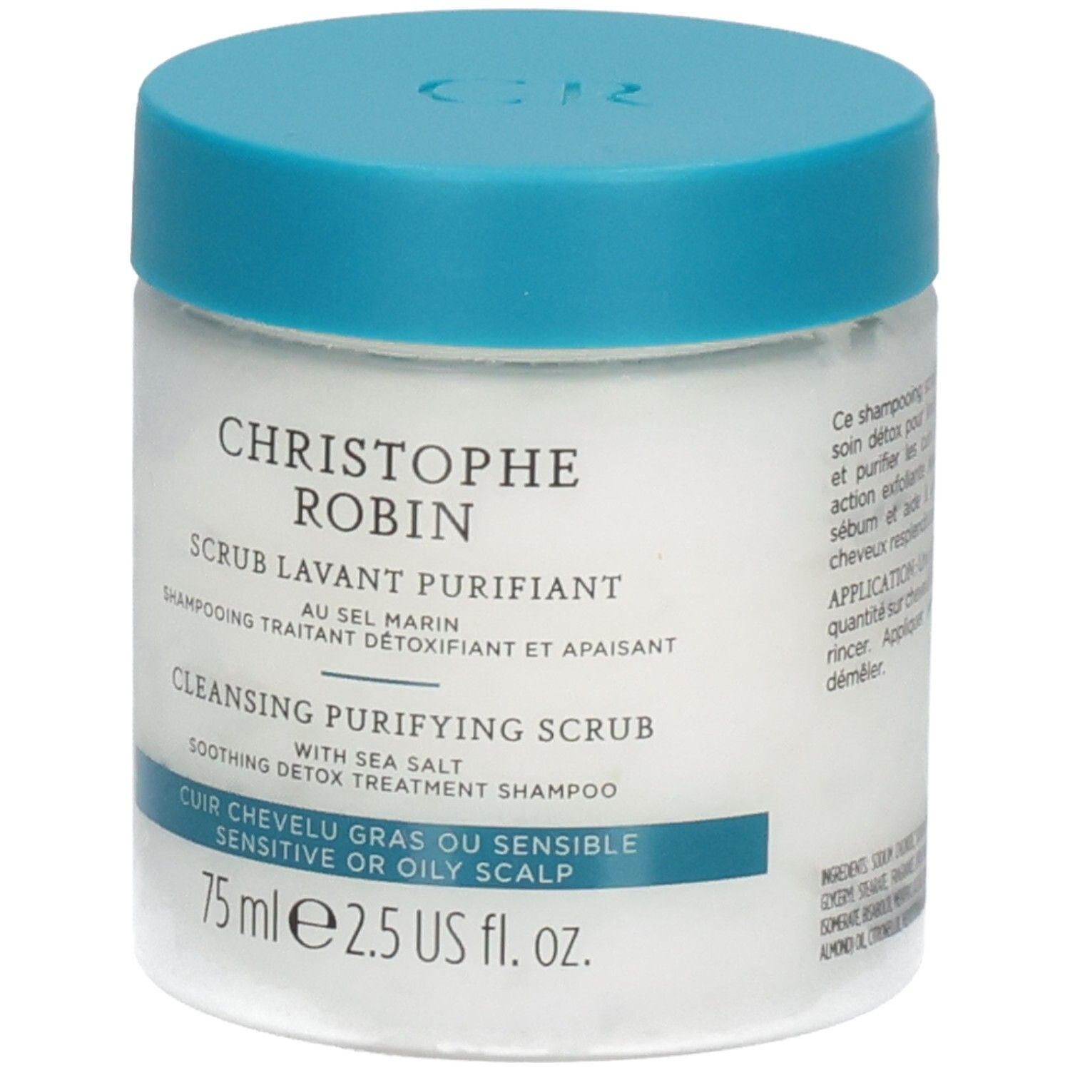 Christophe Robin Reinigend Zuiverend Scrub met zeezout, voorkant met productdetails.