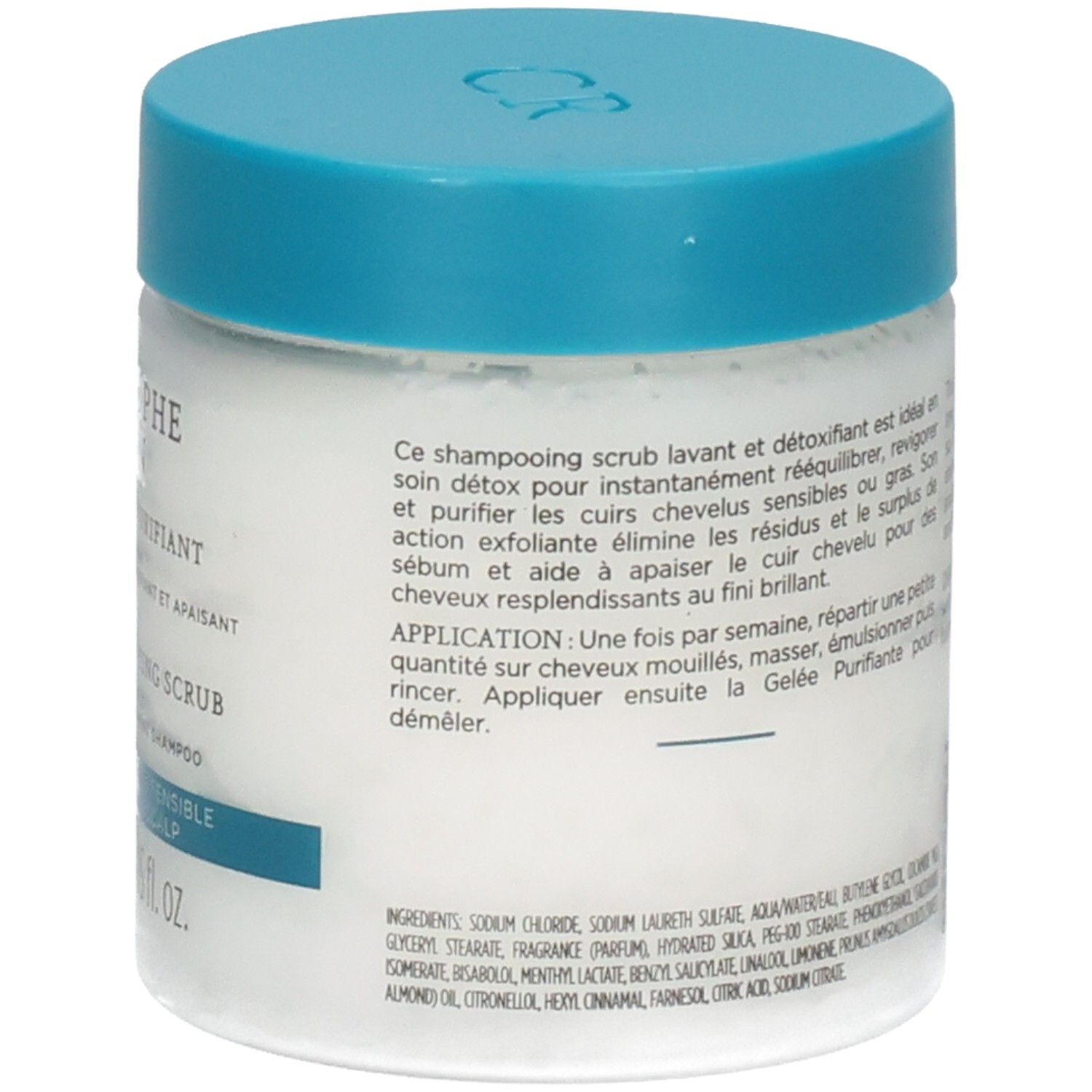 Christophe Robin Reinigend Zuiverend Scrub met zeezout, zijkant met productinformatie.