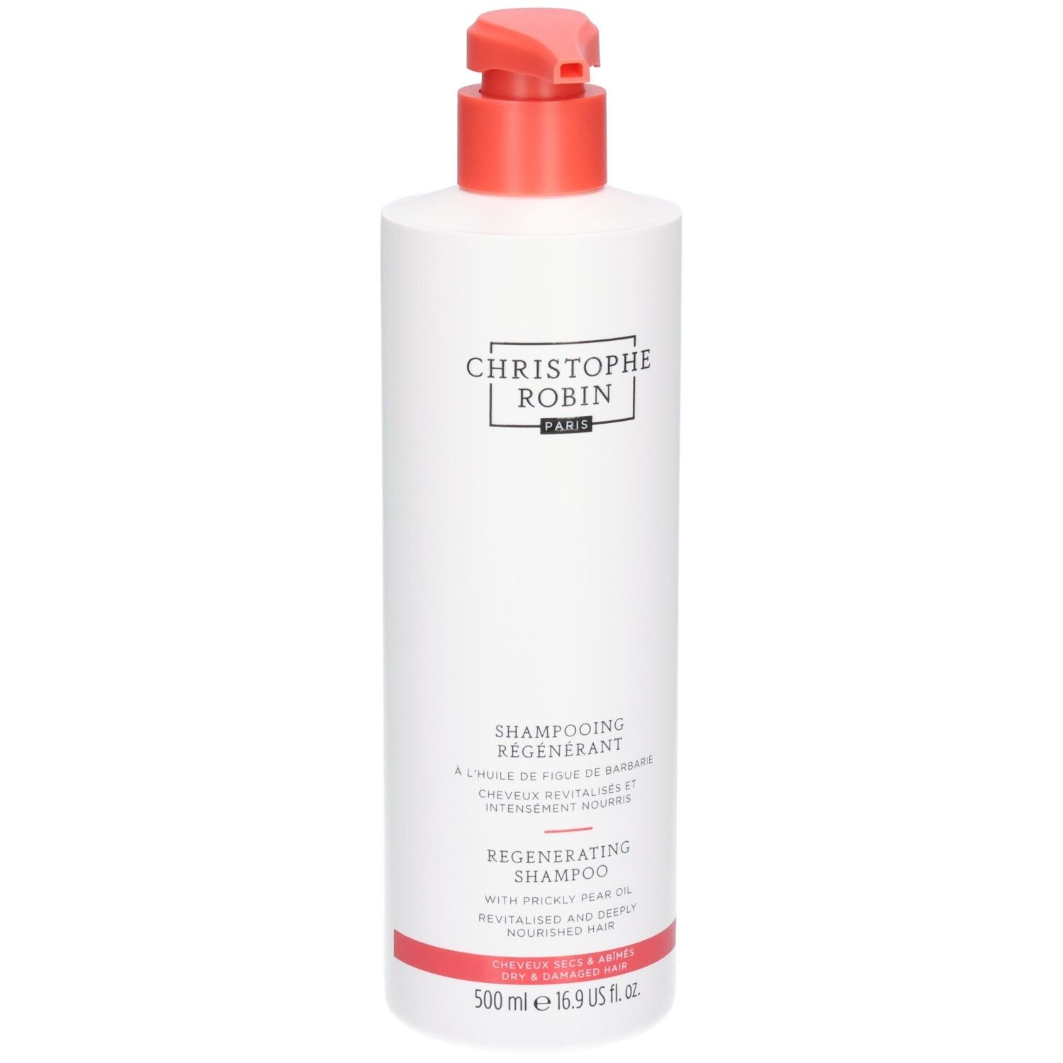 Weiße Flasche mit rotem Pumpspender, Christophe Robin Regenerating Shampoo, 500 ml.