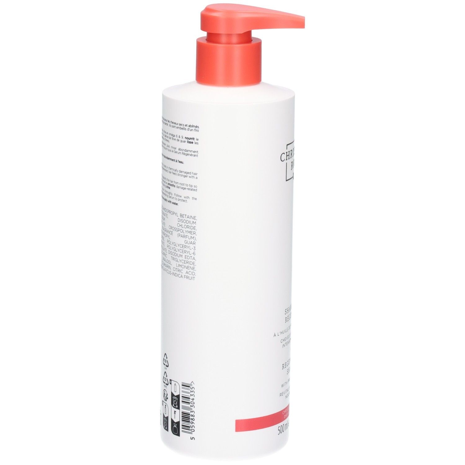 Weiße Pumpflasche mit rotem Pumpkopf und Etikett. Enthält Inhaltsstoffliste und 500ml Angabe.