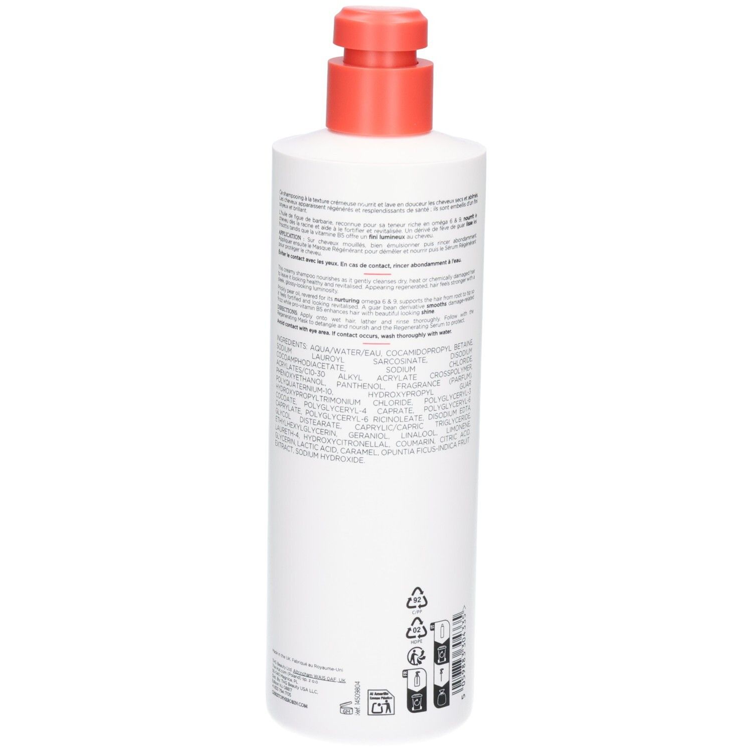 Weiße Flasche mit rotem Pumpspender und Produktinformationen auf dem Etikett.