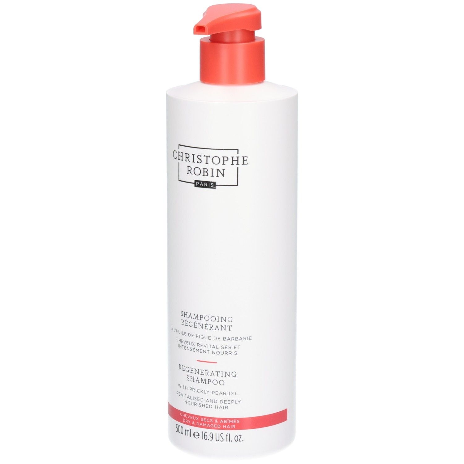 Weiße Flasche mit Pumpspender, Christophe Robin Regenerating Shampoo, 500 ml.