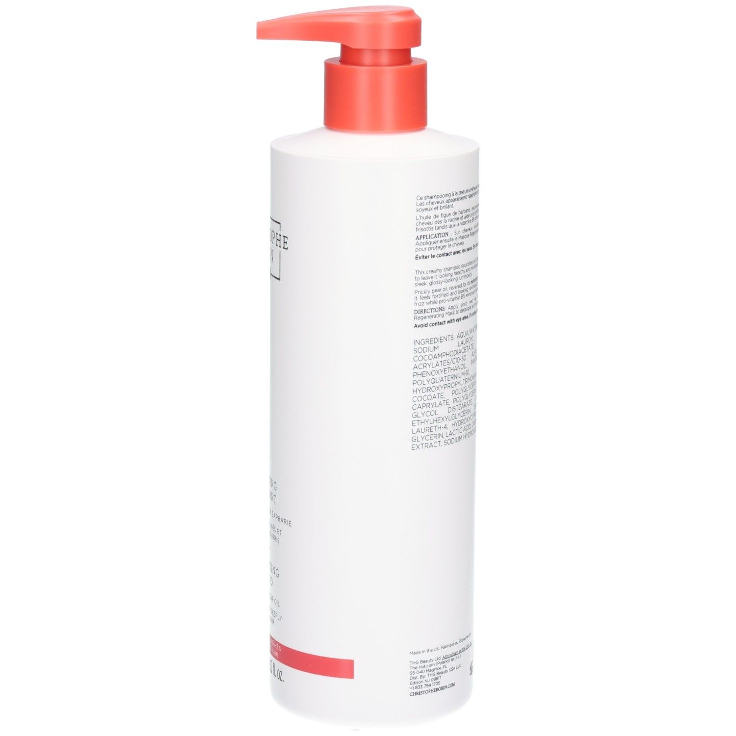 Weiße Pumpflasche mit rotem Pumpkopf und rotem Streifen am Boden. Beschriftung auf Deutsch und Englisch.