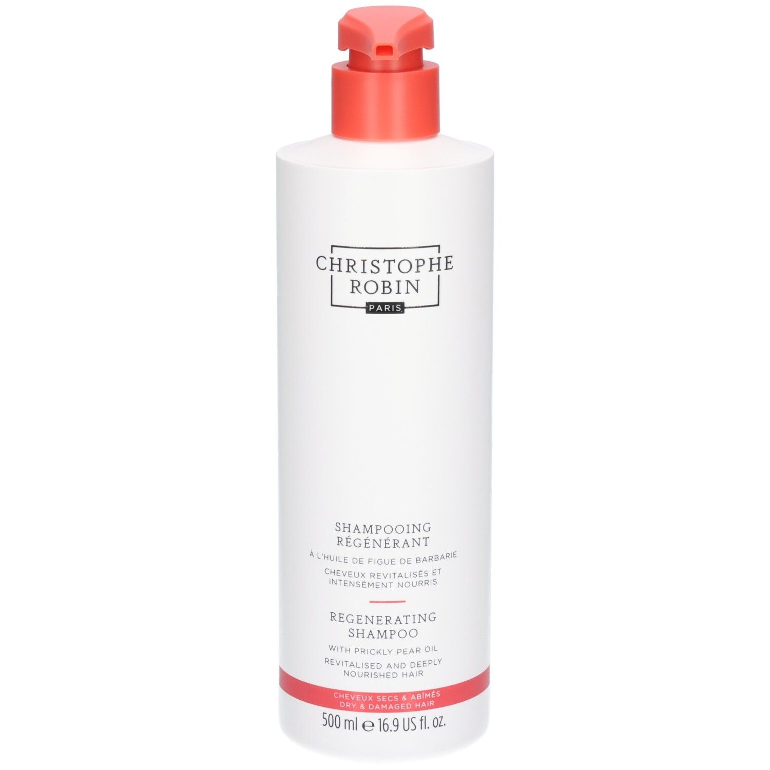 Weiße Flasche mit Pumpspender, Christophe Robin Regenerating Shampoo, 500 ml.