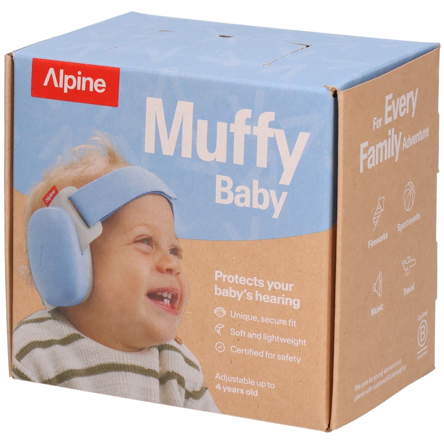 Alpine Muffy Baby Gehörschutz-Kopfhörer für Babys in Hellblau auf der Verpackung.