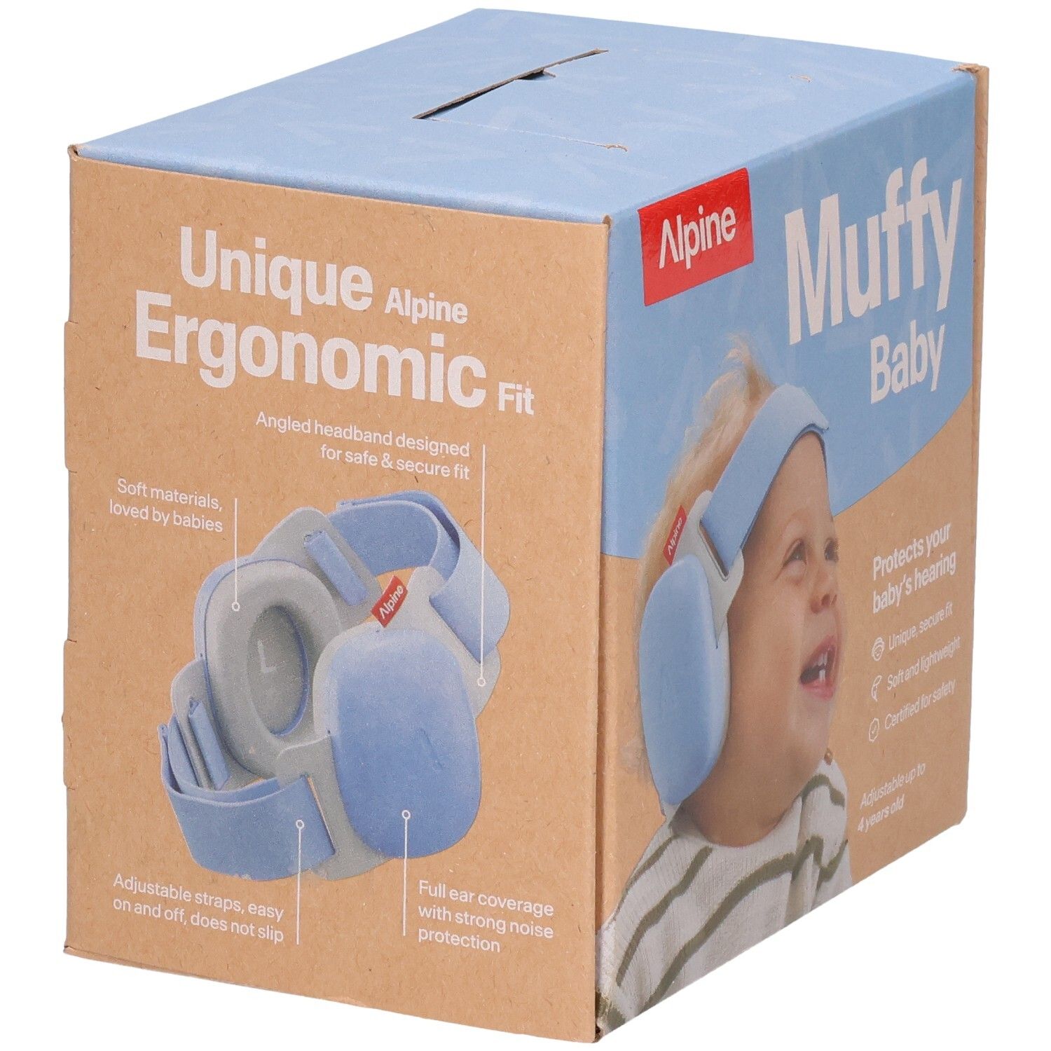 Alpine Muffy Baby Gehörschutz-Kopfhörer für Babys in Hellblau, detaillierte Ansicht der Verpackung.