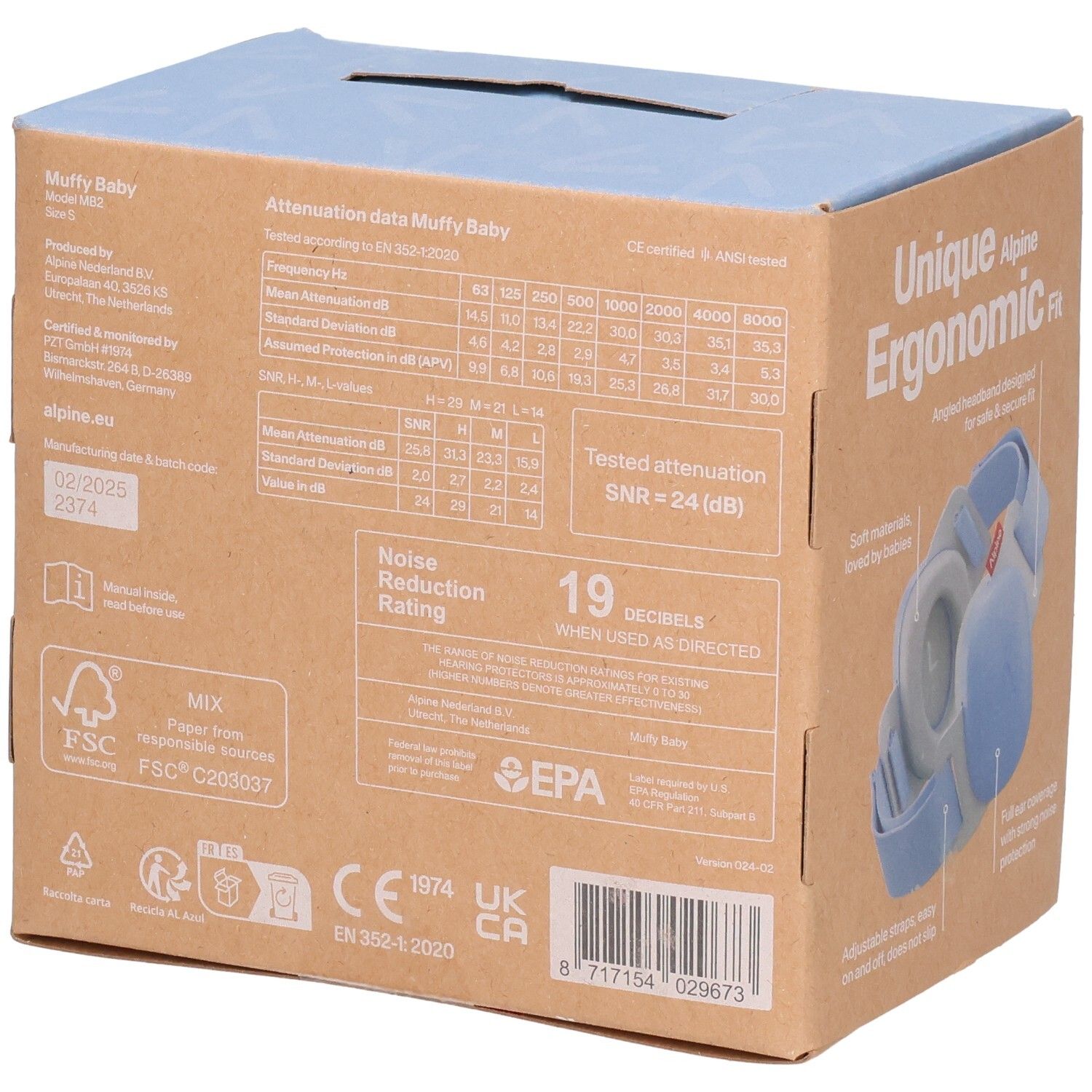 Rückseite der Alpine Muffy Baby Gehörschutz-Verpackung mit technischen Daten und Zertifizierungen.