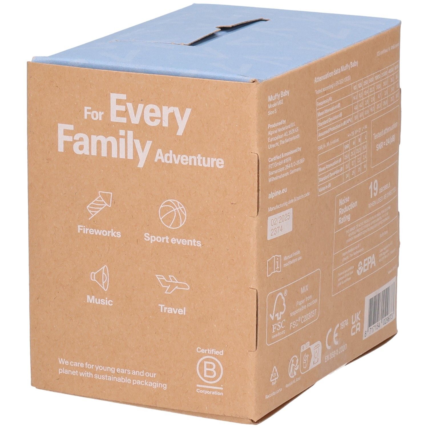 Seite der Alpine Muffy Baby Gehörschutz-Verpackung mit Anwendungsbeispielen und Logo.