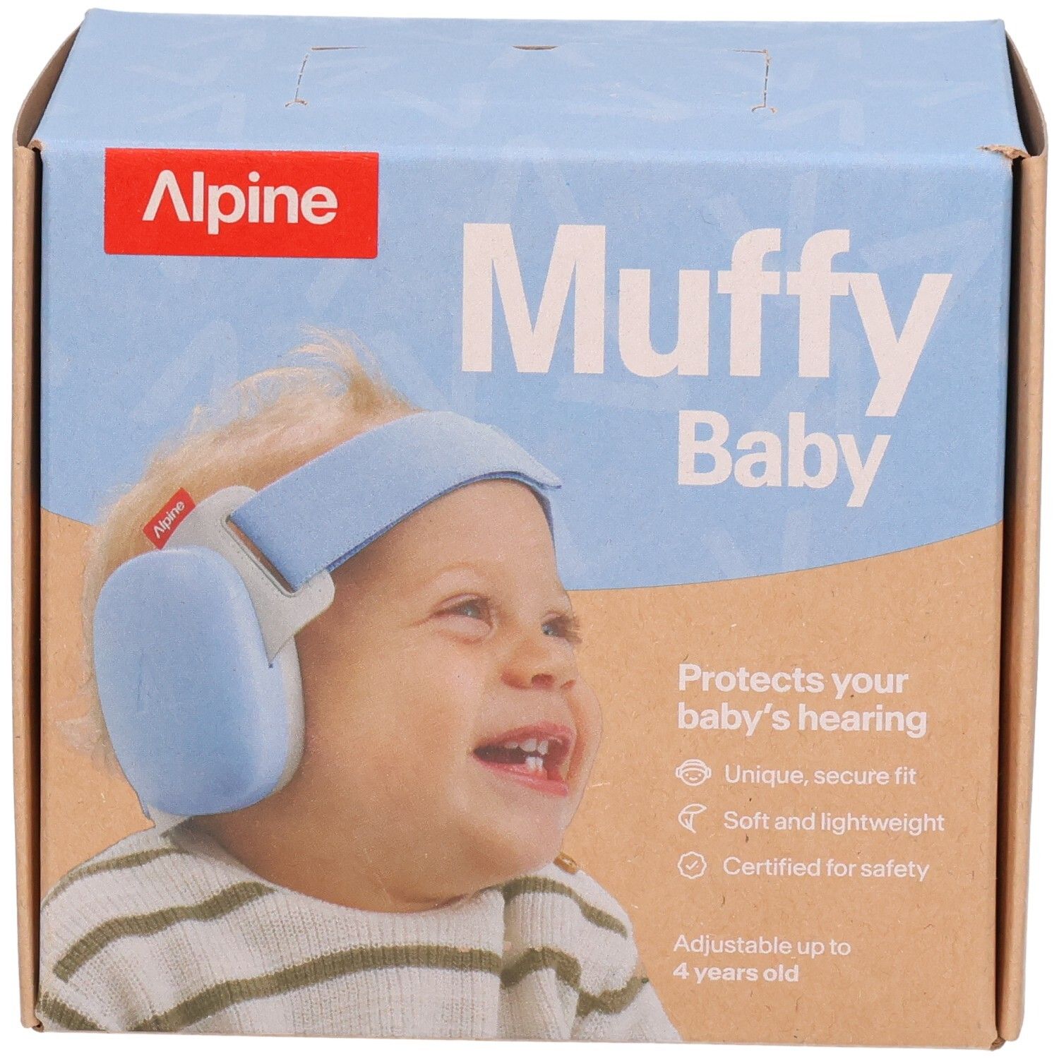 Alpine Muffy Baby Gehörschutz-Kopfhörer für Babys in Hellblau auf der Verpackung.