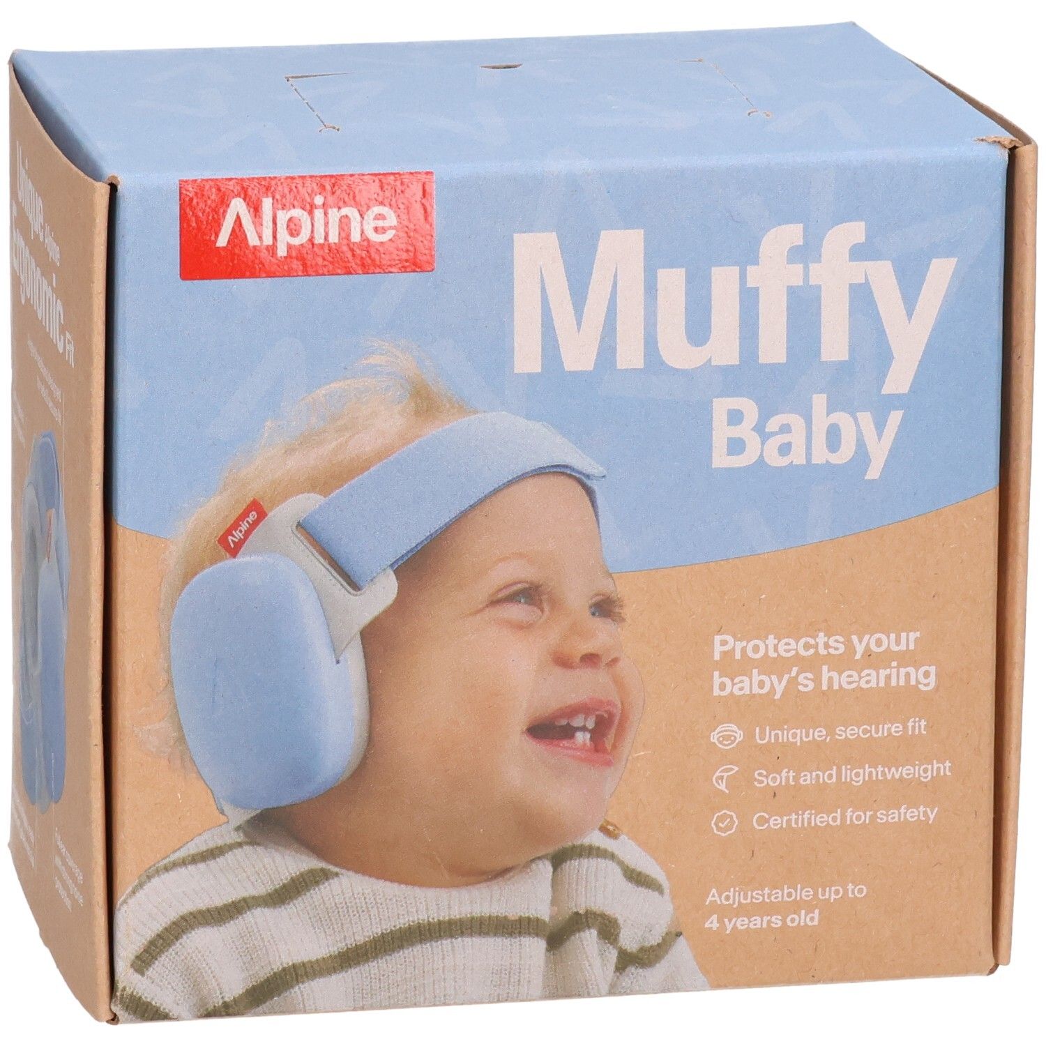 Alpine Muffy Baby Gehörschutz-Kopfhörer für Babys in Hellblau auf der Verpackung.