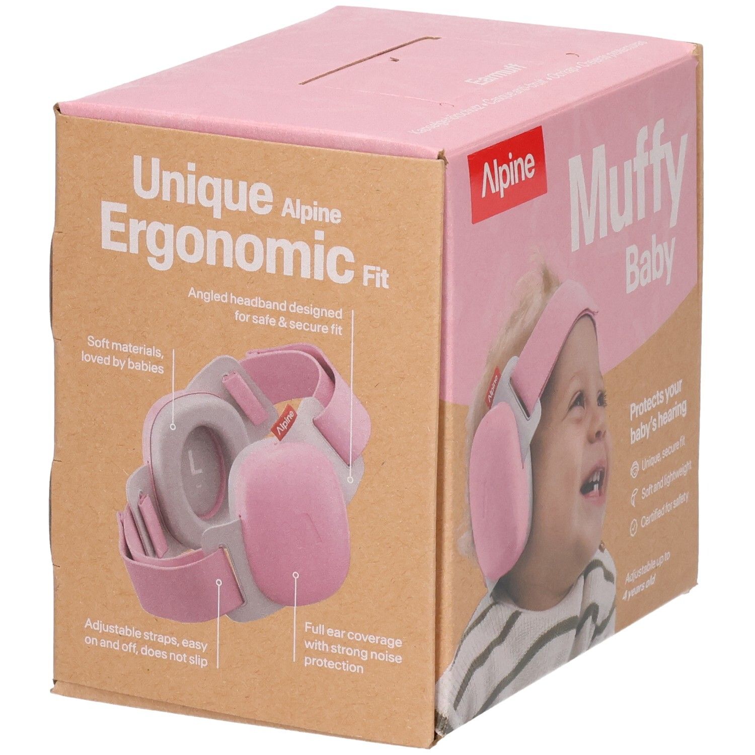 Alpine Muffy Baby rosa Ohrenschützer, verpackt, mit Fokus auf das Produkt und seine Passform.