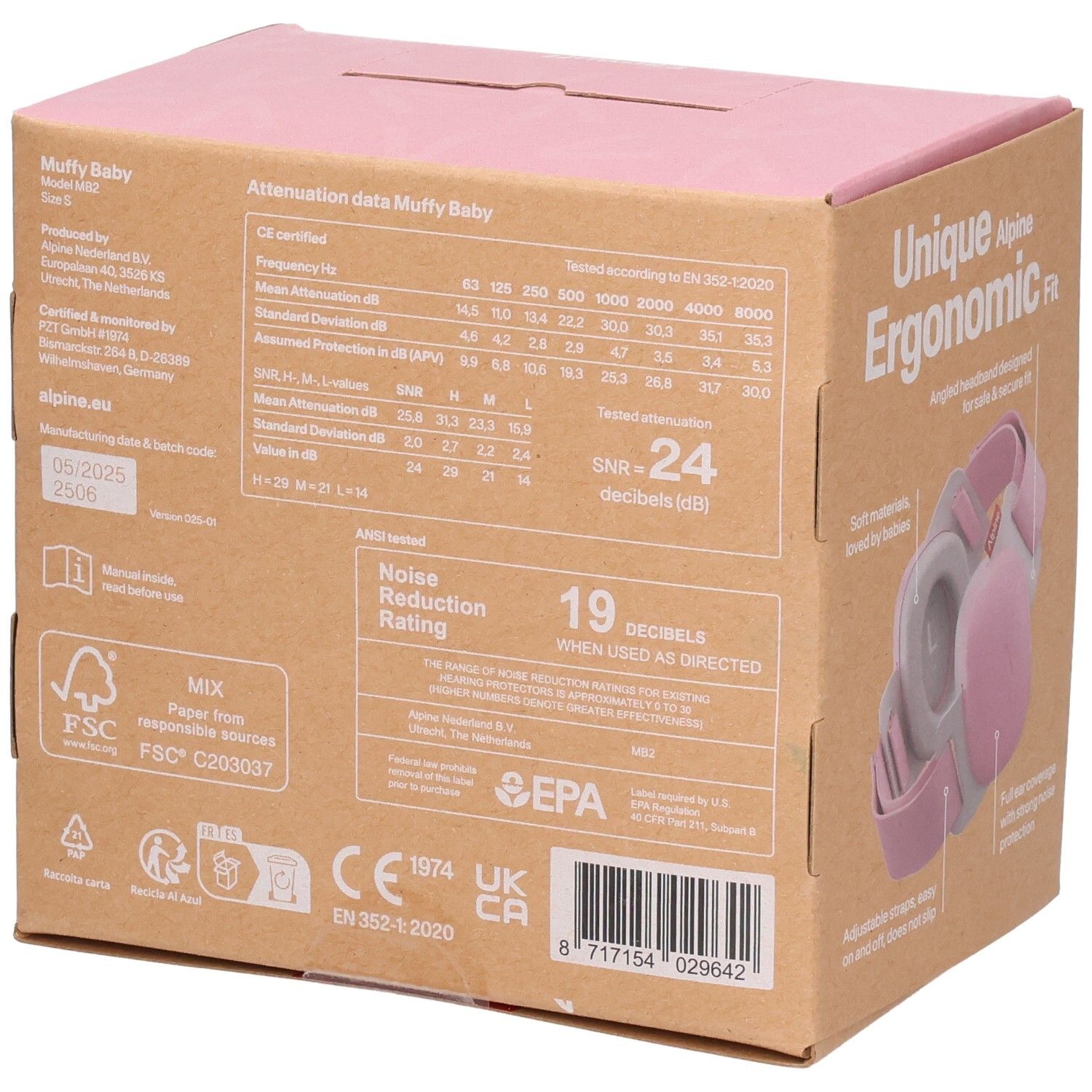 Rückseite der Alpine Muffy Baby rosa Ohrenschützer-Verpackung mit technischen Daten und Zertifizierungen.