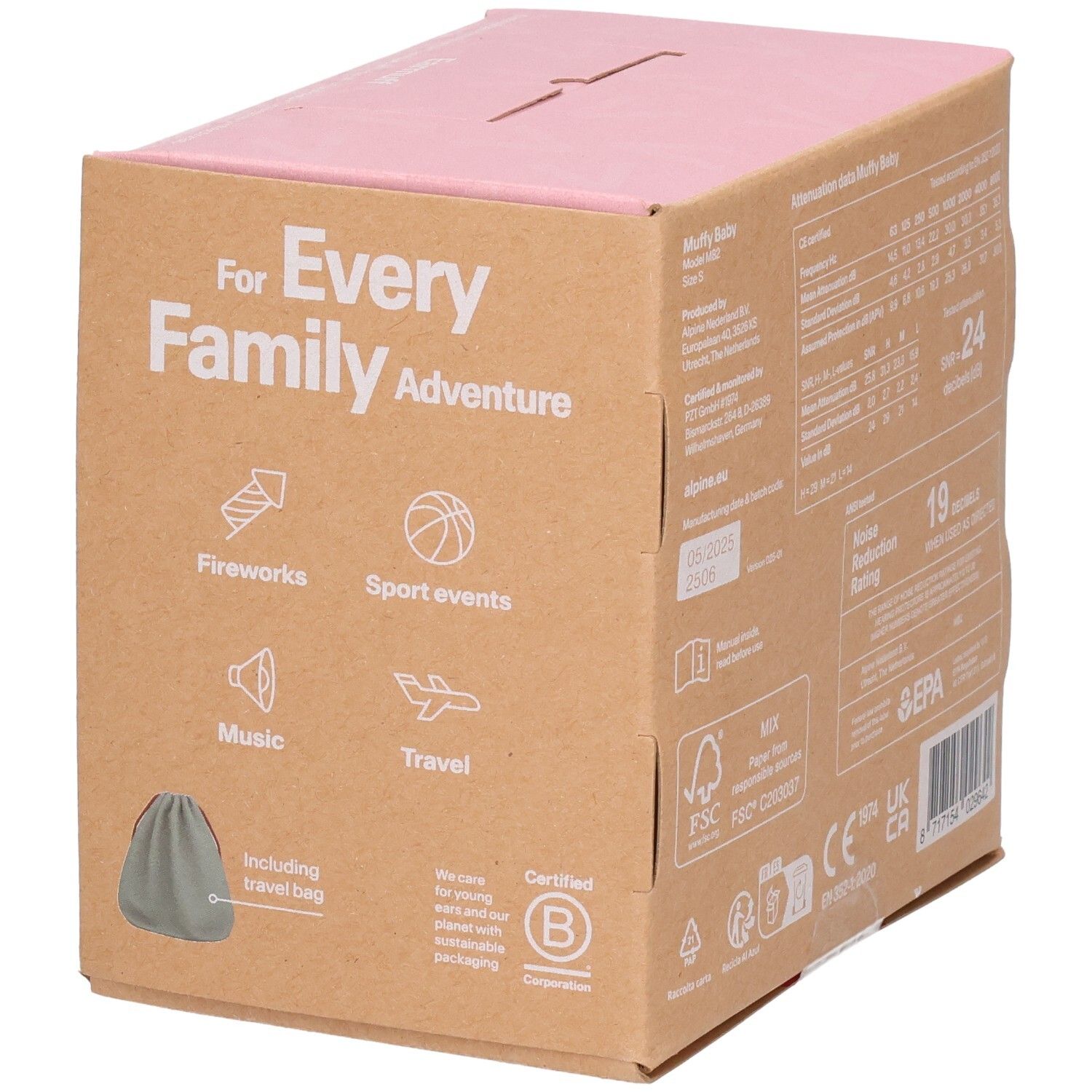 Seite der Alpine Muffy Baby rosa Ohrenschützer-Verpackung mit Anwendungsbeispielen und inklusivem Beutel.