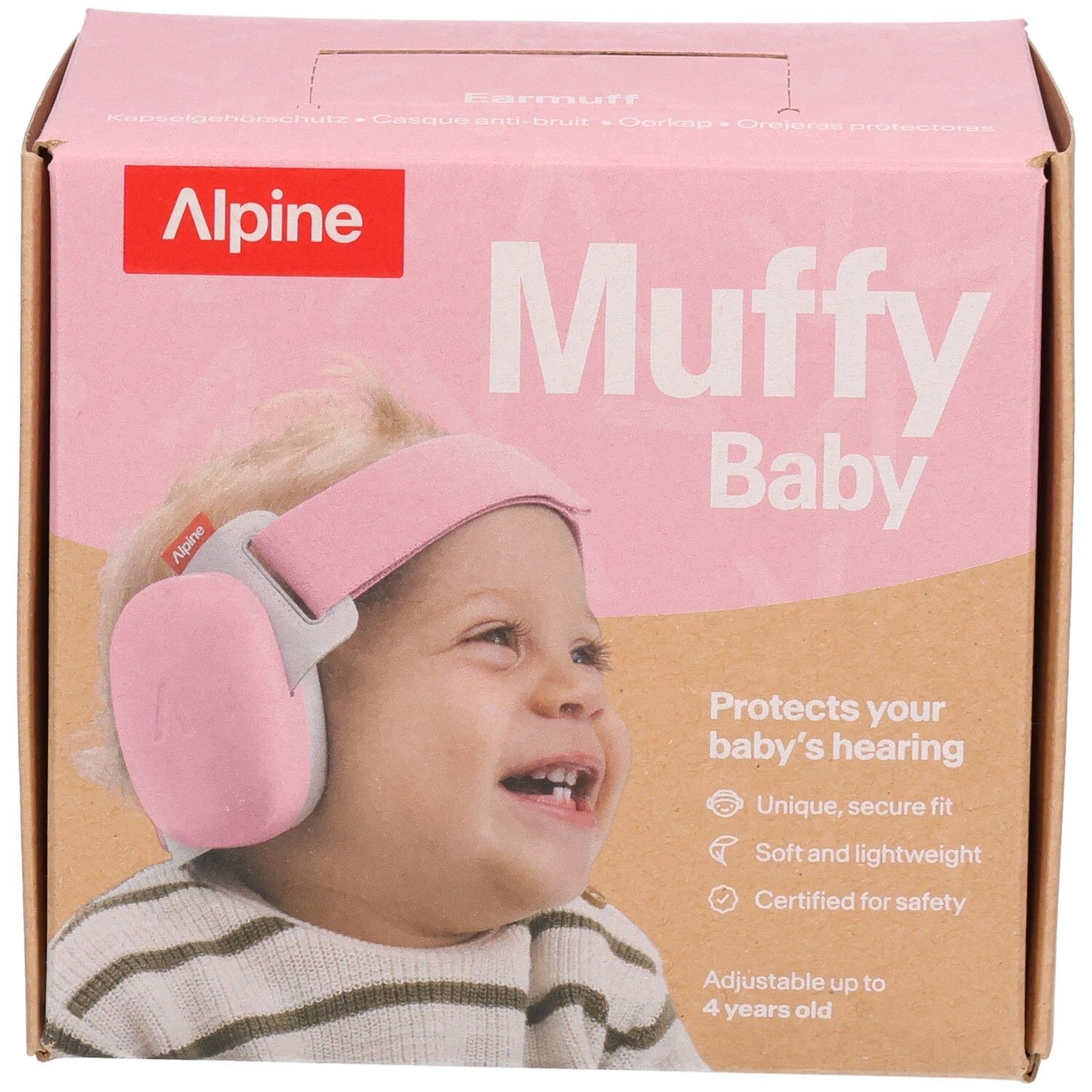Alpine Muffy Baby rosa Ohrenschützer auf der Verpackung mit einem lächelnden Baby.