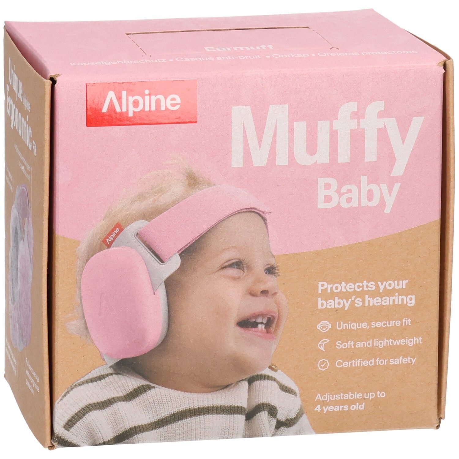 Alpine Muffy Baby rosa Ohrenschützer auf der Verpackung mit einem lächelnden Baby.