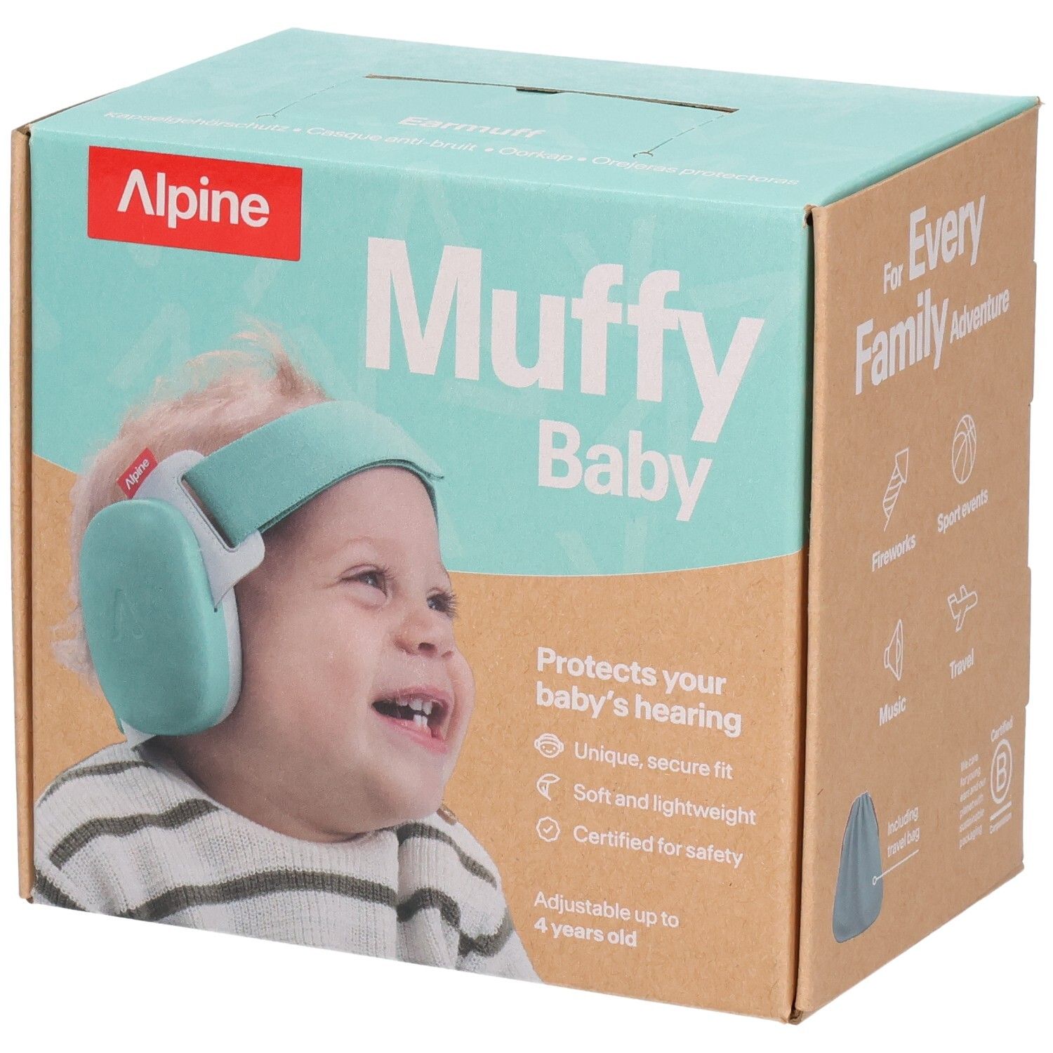 Alpine Muffy Baby Ohrschützer auf der Verpackung, salbeigrün. Für Babys bis 4 Jahre.