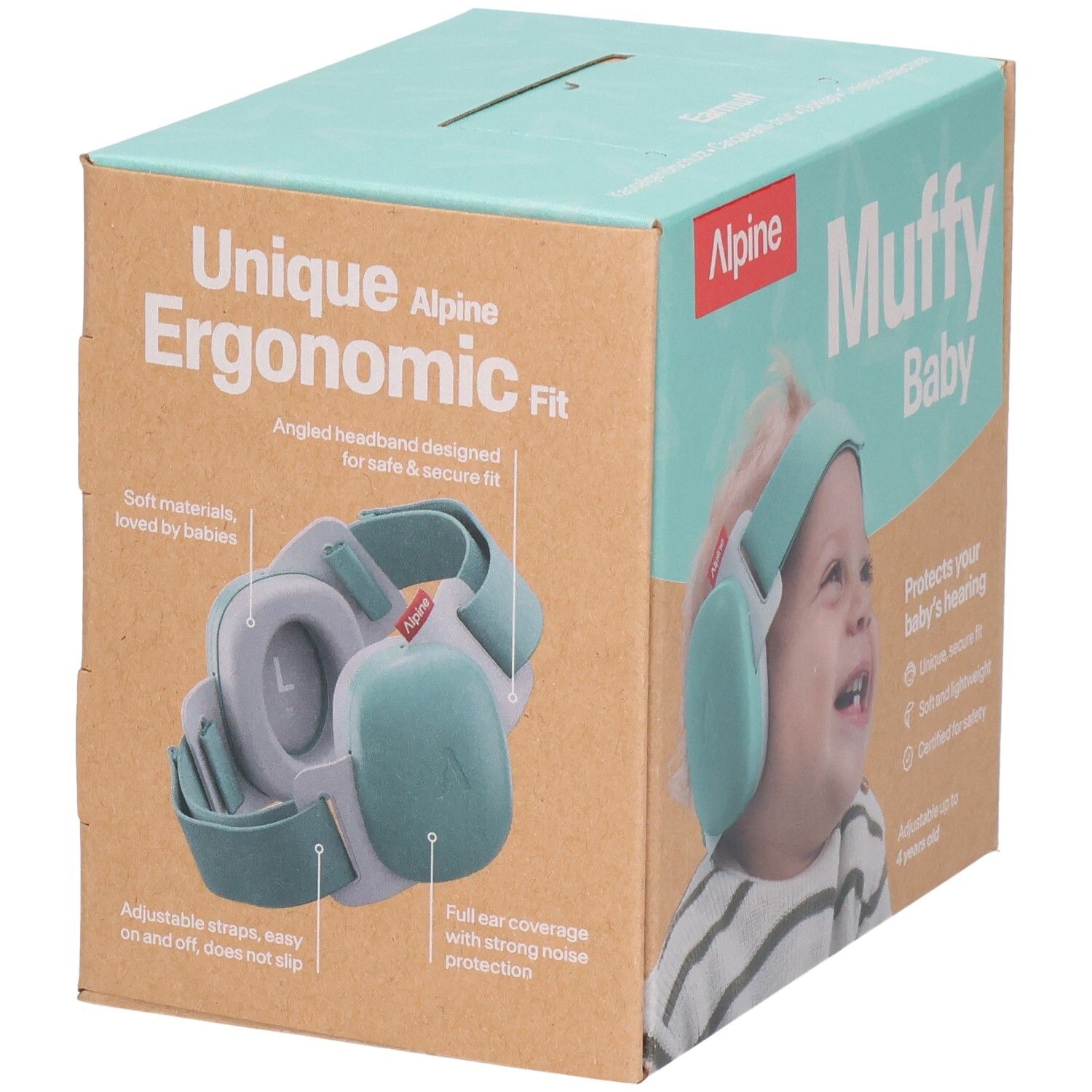 Alpine Muffy Baby Ohrschützer auf der Verpackung, salbeigrün. Verstellbare Kopfbügel.