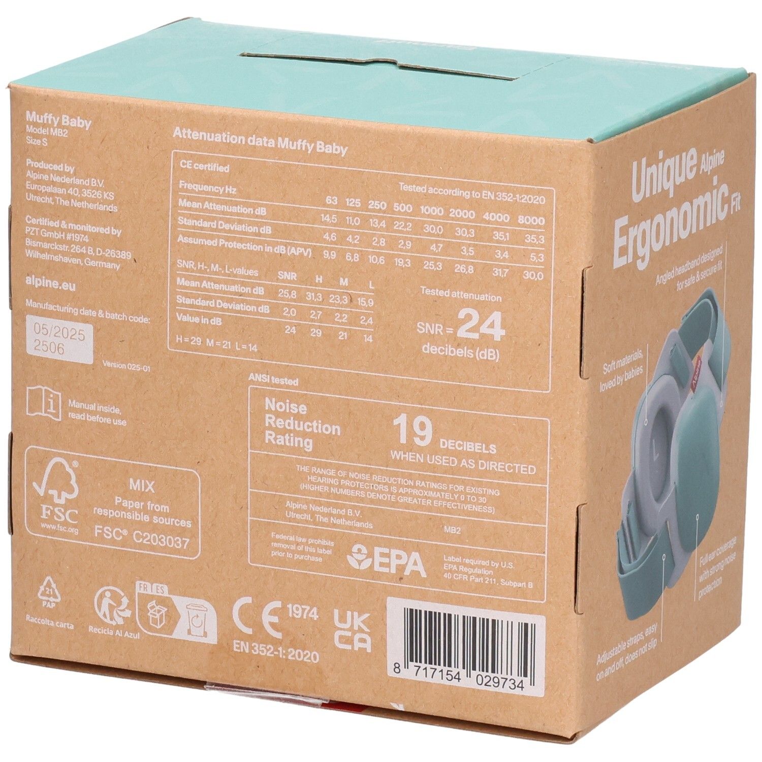 Rückseite der Alpine Muffy Baby Ohrschützer Verpackung mit Dämpfungsdaten und Zertifizierungen.