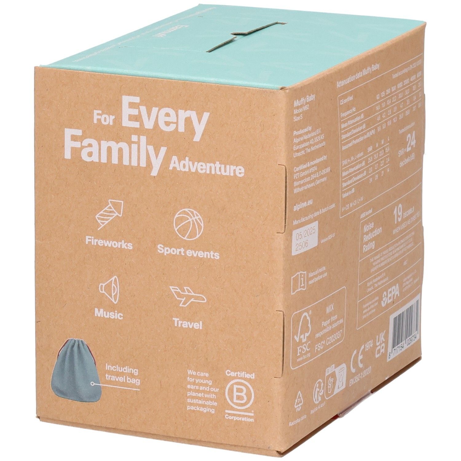 Alpine Muffy Baby Ohrschützer Verpackung, salbeigrün. Mit Reisebeutel. Für Familienabenteuer.