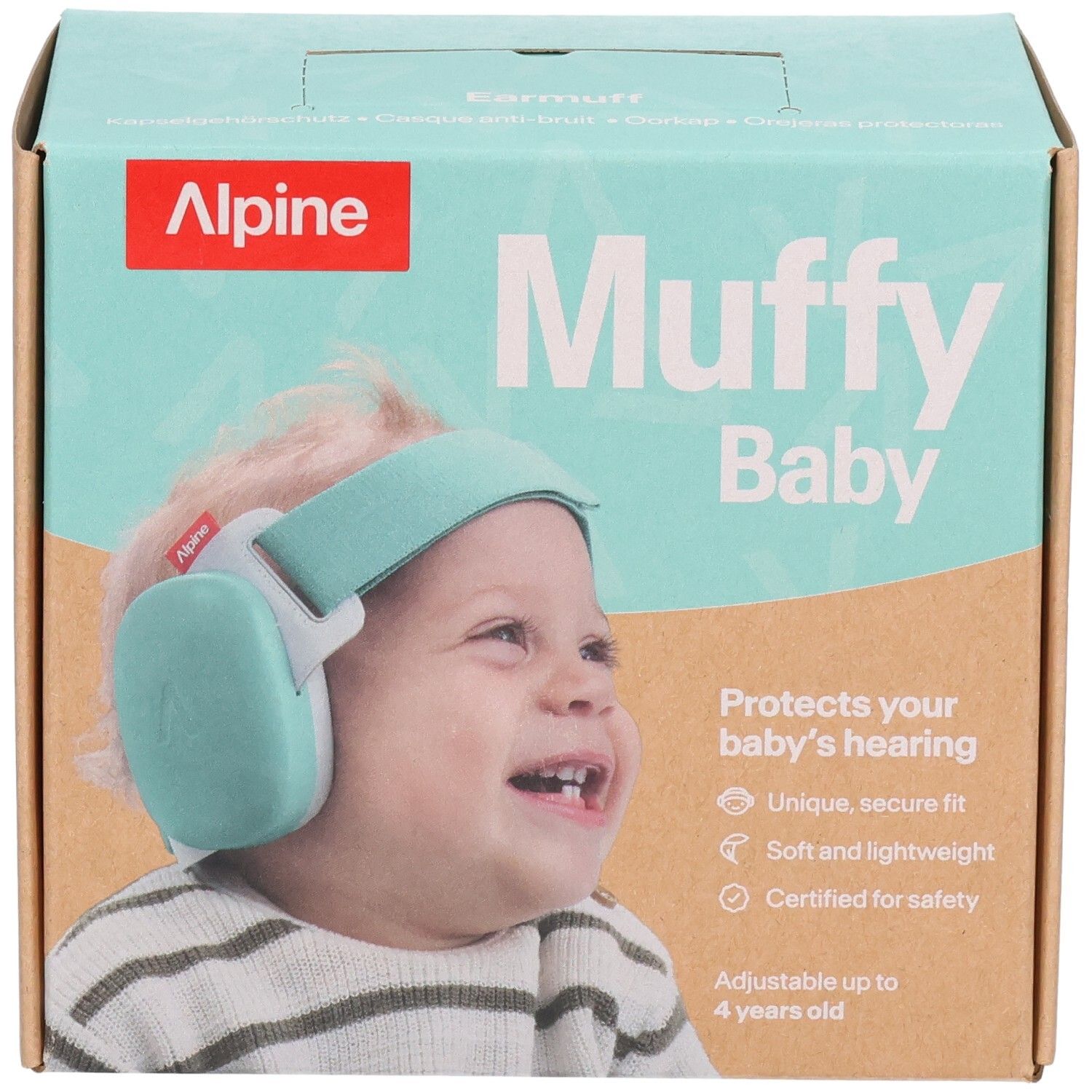 Alpine Muffy Baby Ohrschützer auf der Verpackung, salbeigrün. Für Babys bis 4 Jahre.
