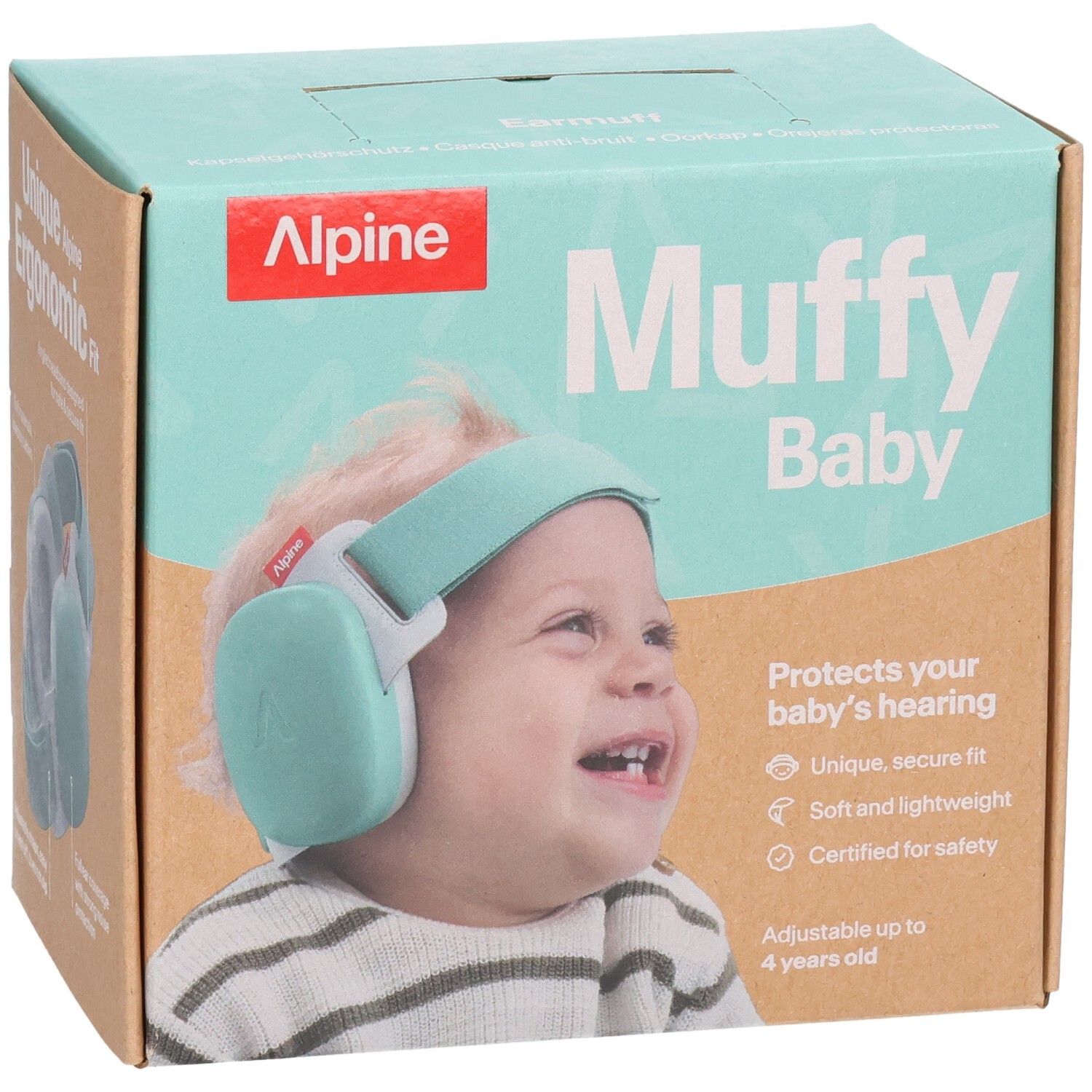 Alpine Muffy Baby Ohrschützer auf der Verpackung, salbeigrün. Schützt das Gehör von Babys.