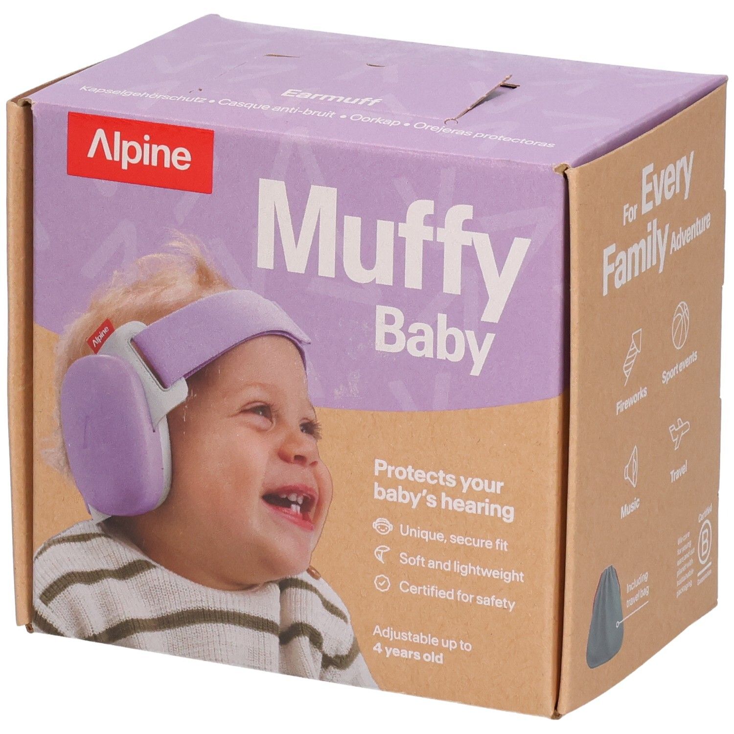 Alpine Muffy Baby Ohrenschützer in lila und grau auf brauner Verpackung mit lächelndem Baby.