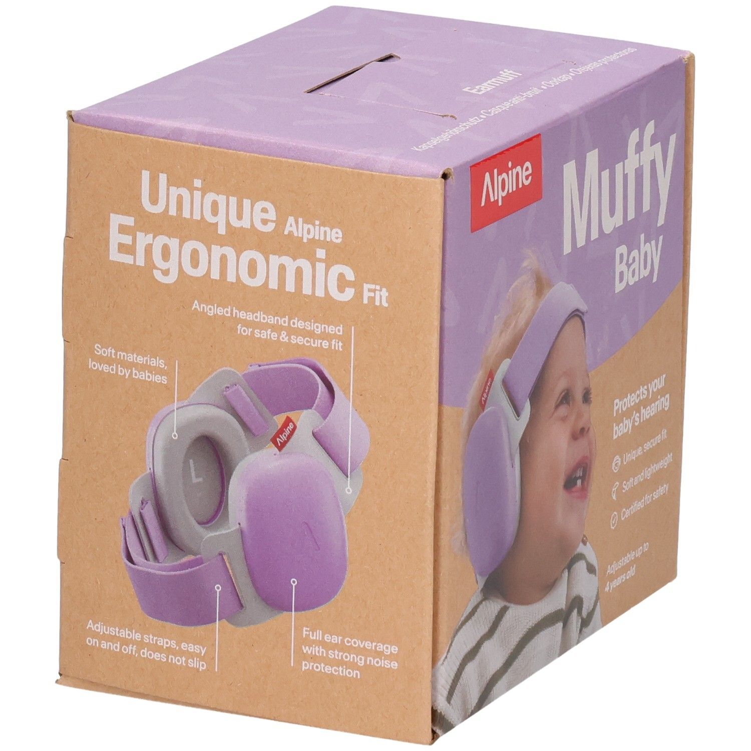 Alpine Muffy Baby Ohrenschützer in lila und grau, verpackt mit Darstellung des Produktdesigns.