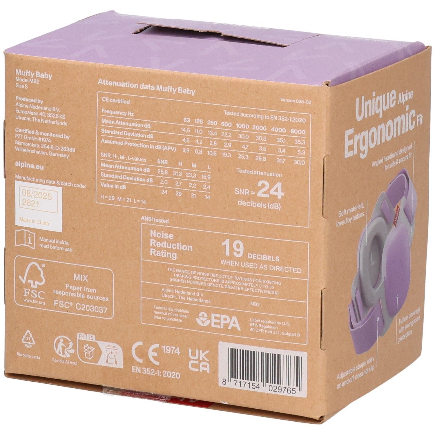 Rückseite der Alpine Muffy Baby Ohrenschützer-Verpackung mit Dämpfungsdaten und Zertifizierungen.