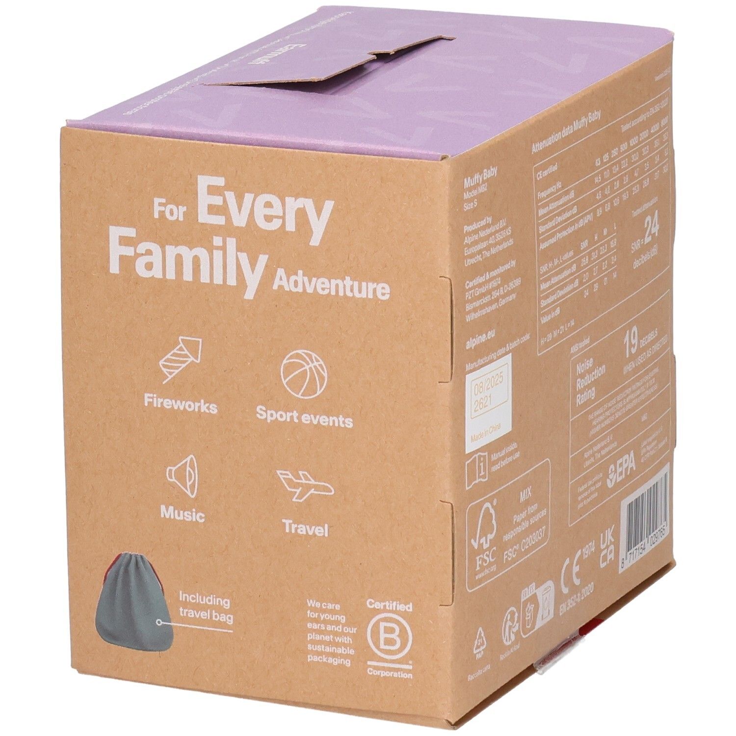 Seite der Alpine Muffy Baby Ohrenschützer-Verpackung mit Anwendungsbeispielen und Reisebeutel-Symbol.
