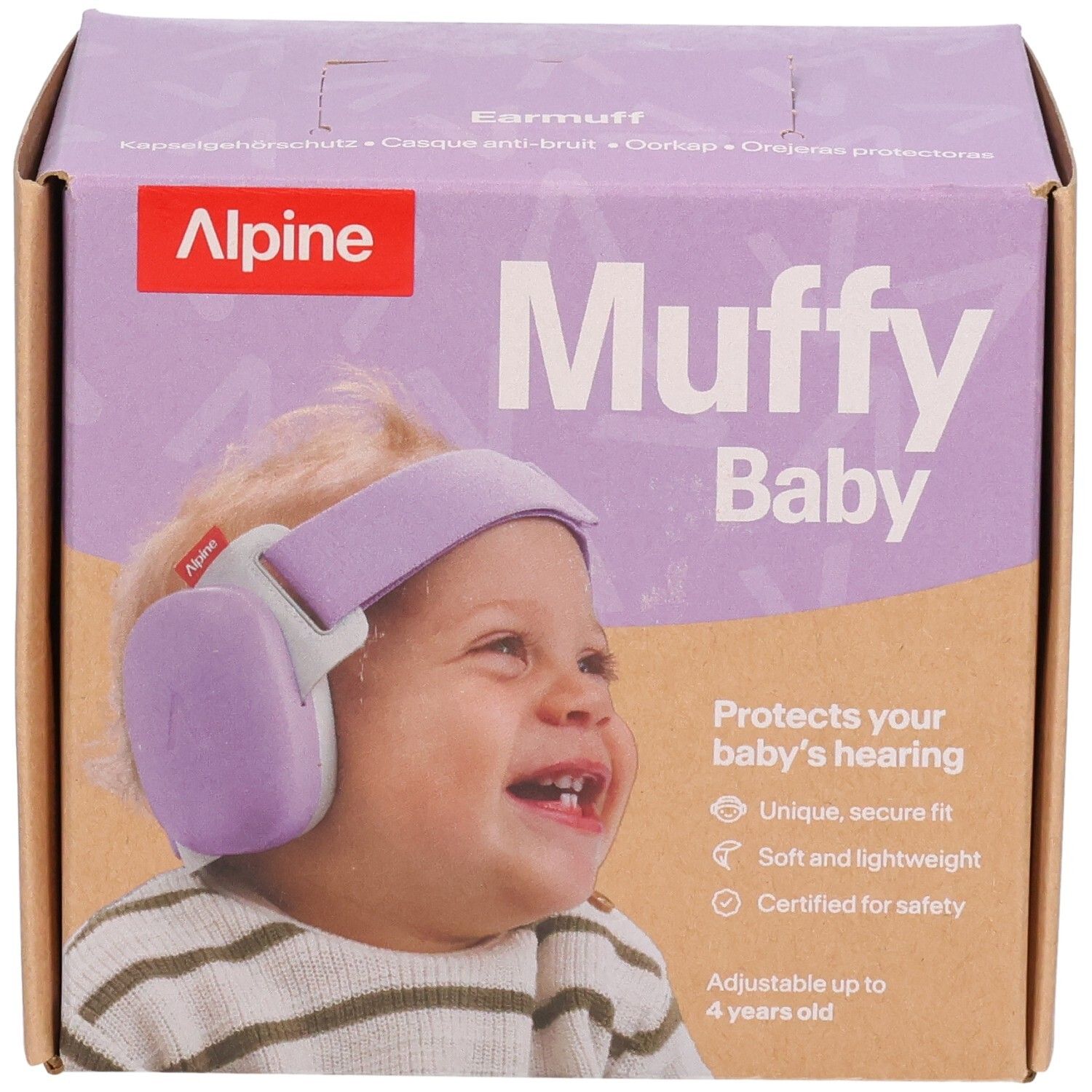 Alpine Muffy Baby Ohrenschützer in lila und grau auf brauner Verpackung mit lächelndem Baby.