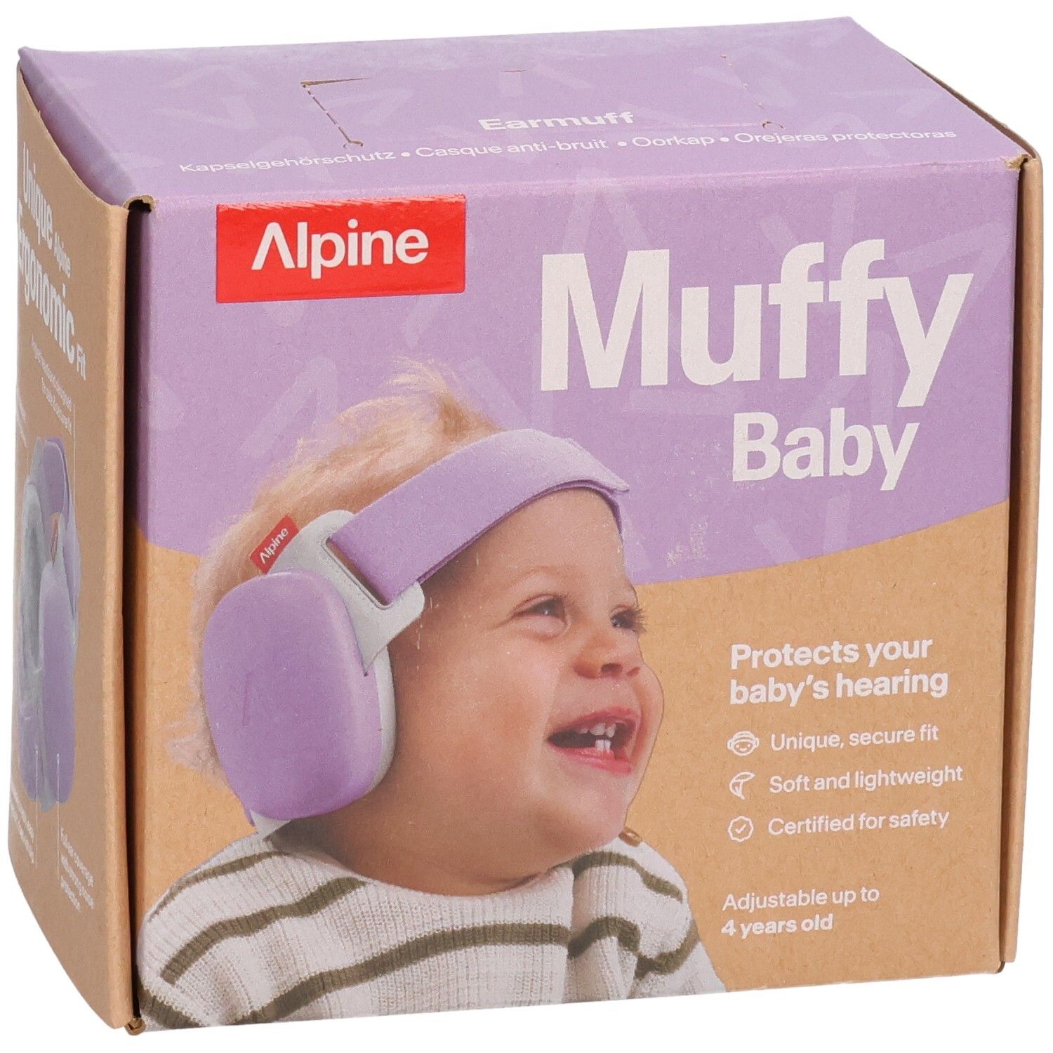 Alpine Muffy Baby Ohrenschützer in lila und grau auf brauner Verpackung mit lächelndem Baby.
