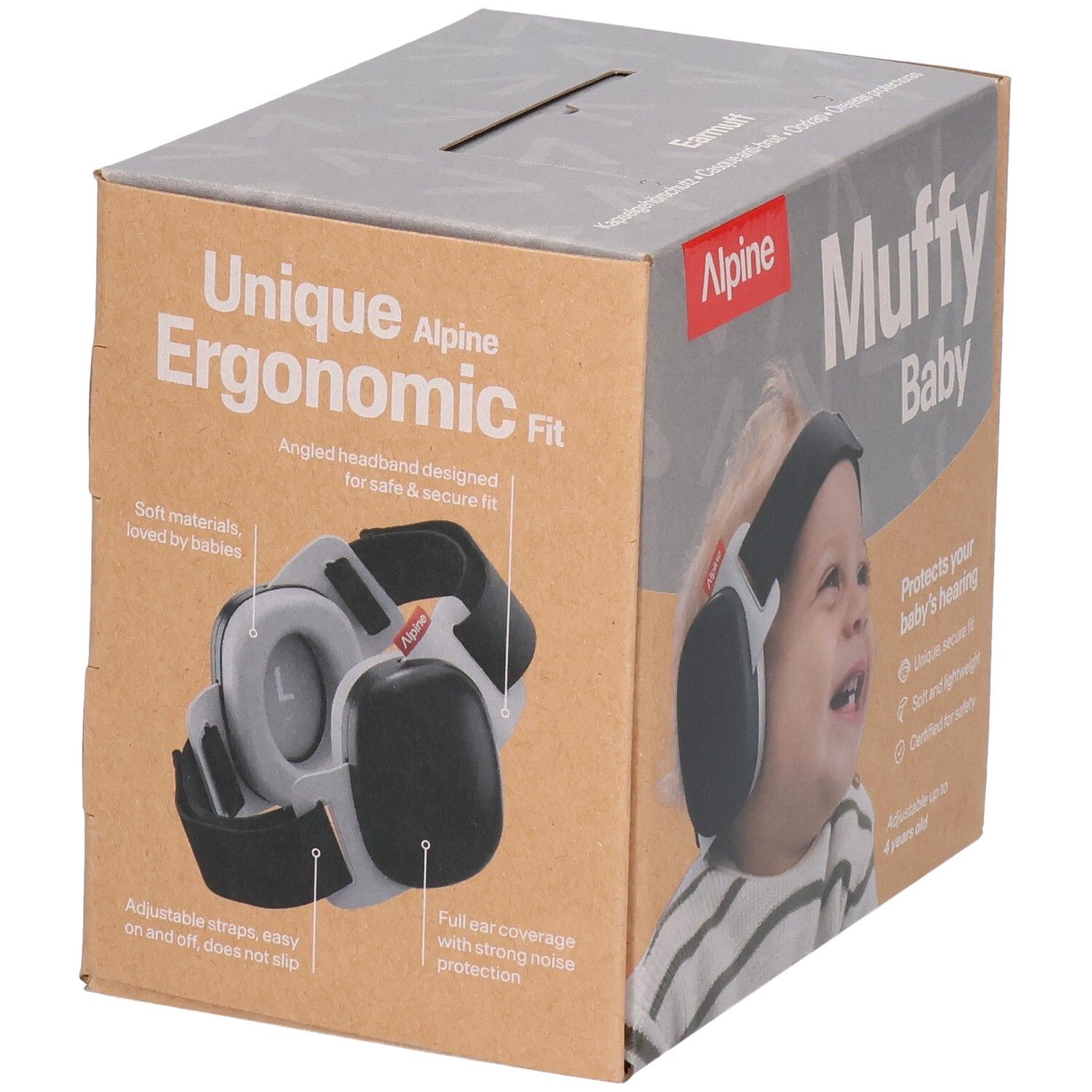Alpine Muffy Baby Ohrschützer, schwarz/grau, auf Kartonverpackung, ergonomisches Design.
