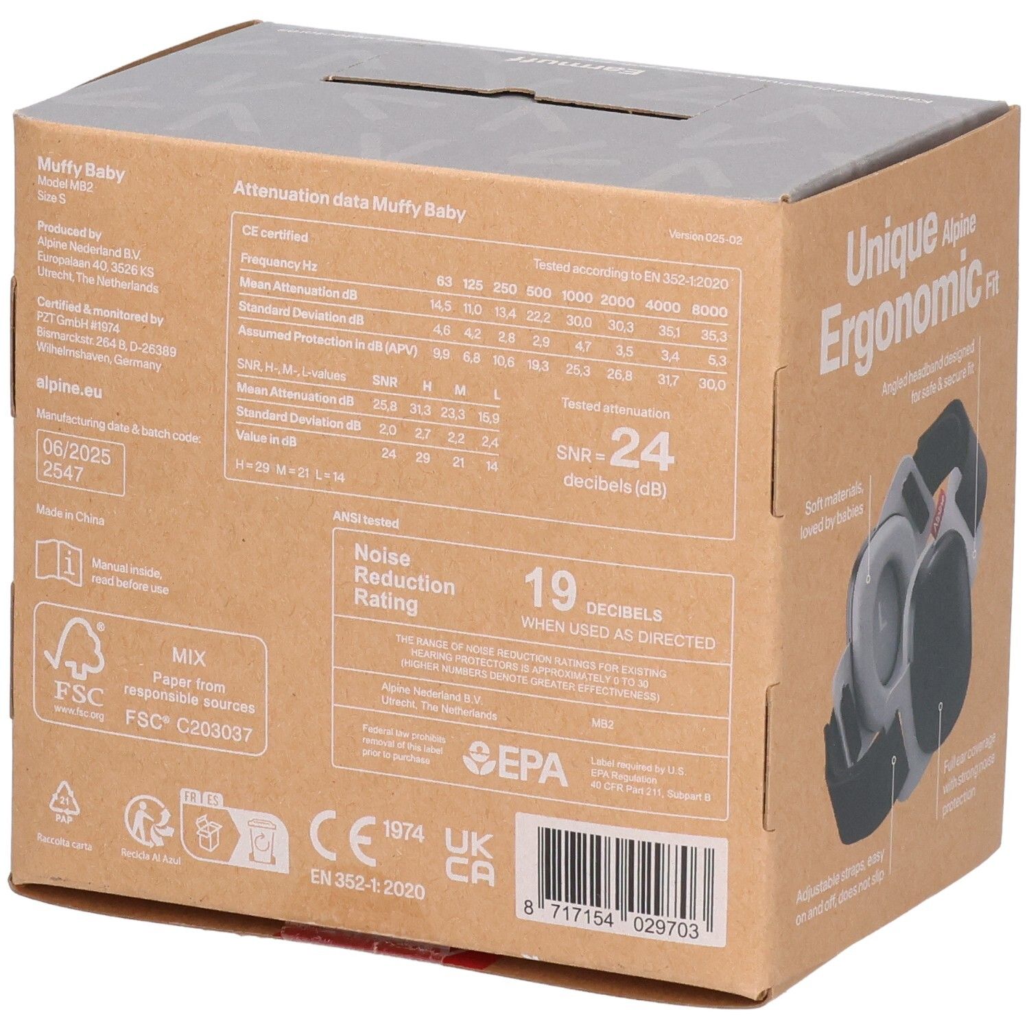 Rückseite der Alpine Muffy Baby Verpackung mit Dämpfungsdaten und Zertifizierungen.